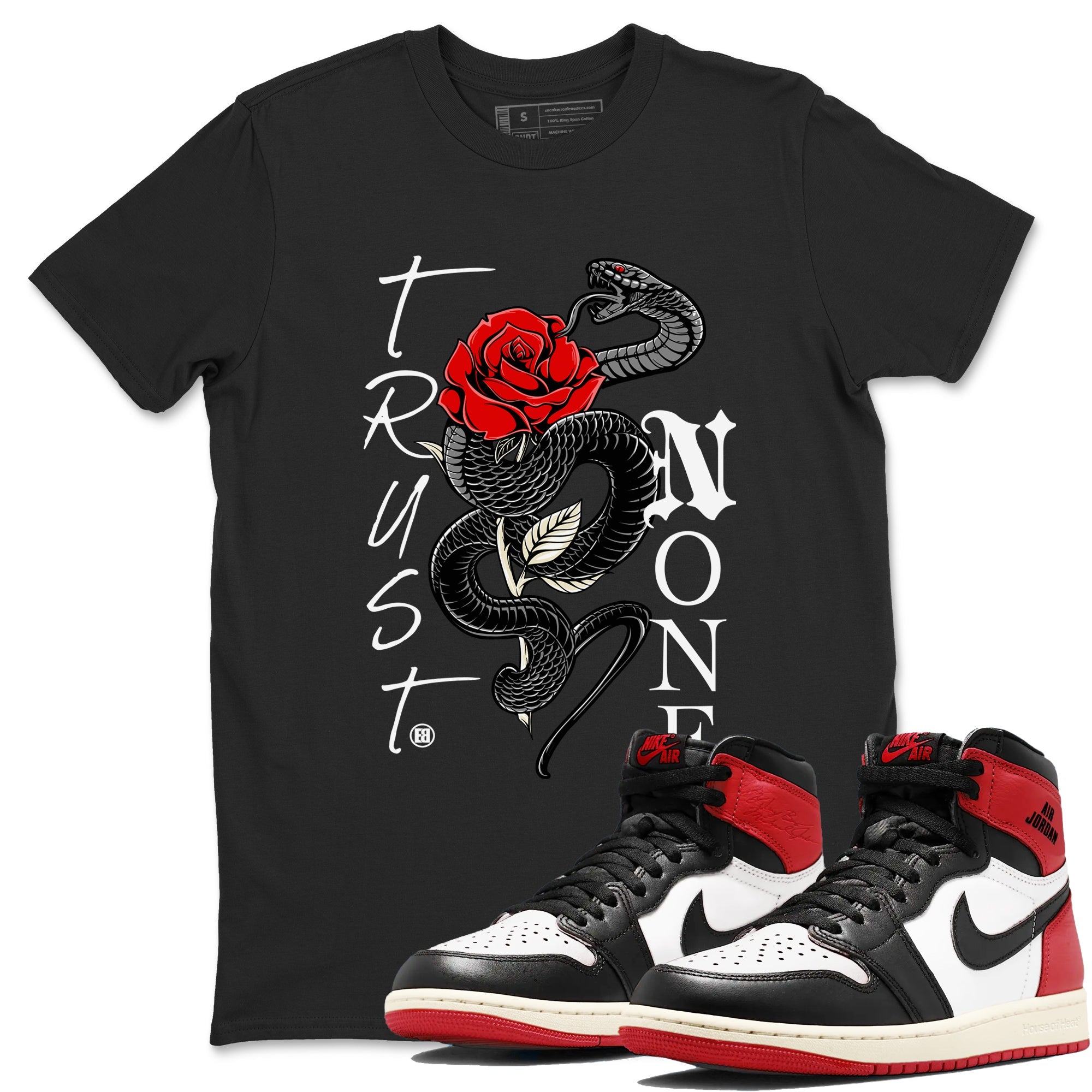 1s Black Toe Reimagined shirts to match jordans Trust None sneaker match tees Air Jordan 1 Black Toe Reimagined Drip Gear Zone streetwear brand Black 1 unisex cotton tee