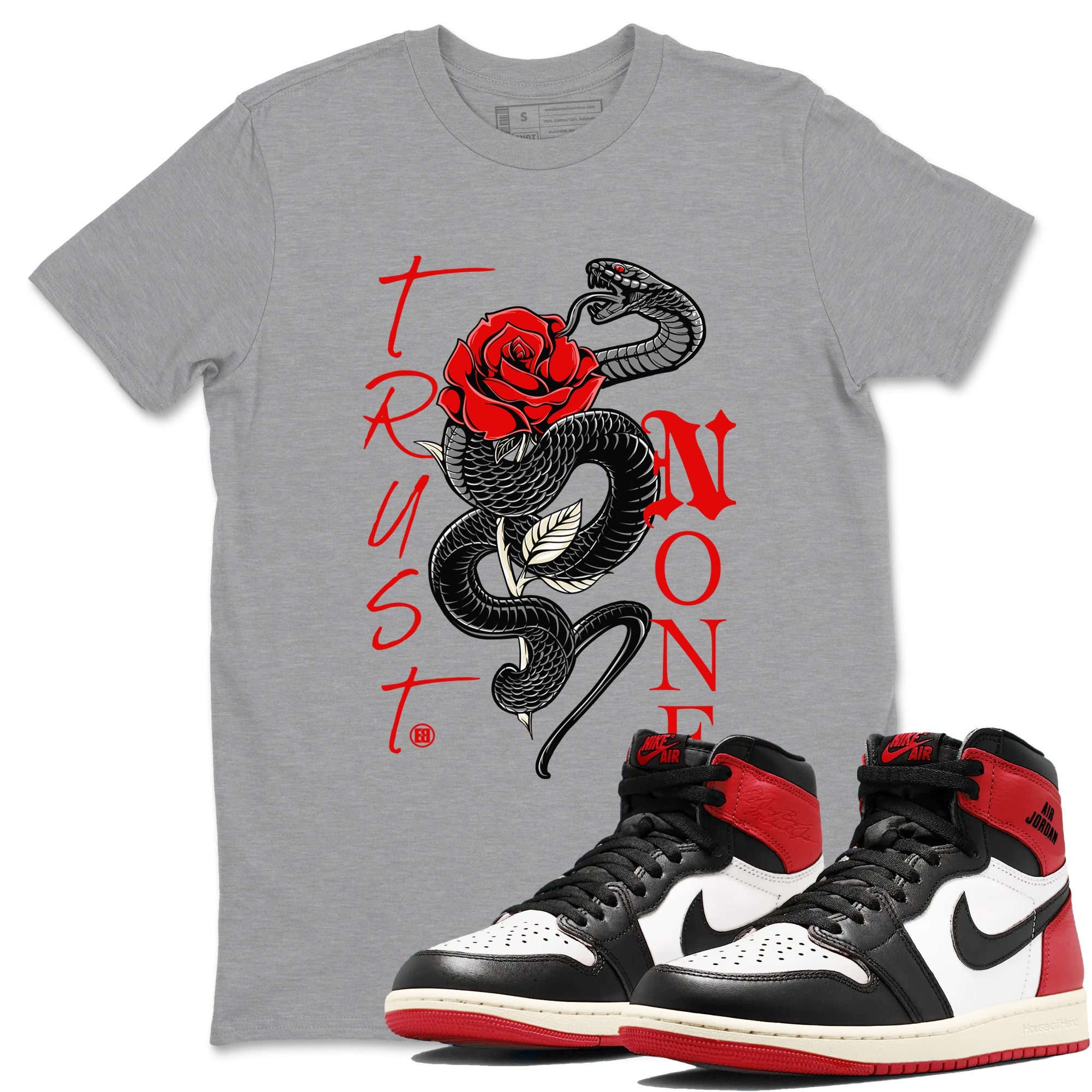 1s Black Toe Reimagined shirts to match jordans Trust None sneaker match tees Air Jordan 1 Black Toe Reimagined Drip Gear Zone streetwear brand Heather Grey 1 unisex cotton tee