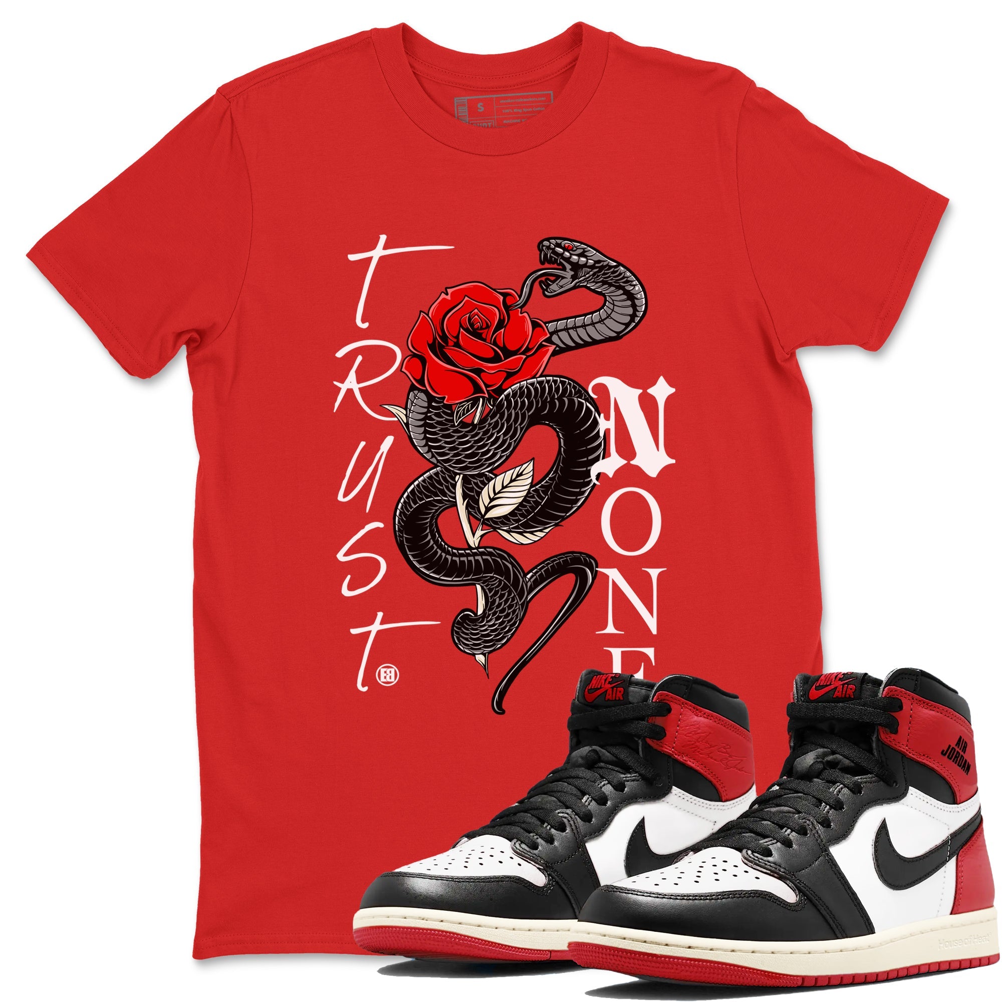 1s Black Toe Reimagined shirts to match jordans Trust None sneaker match tees Air Jordan 1 Black Toe Reimagined Drip Gear Zone streetwear brand Red 1 unisex cotton tee