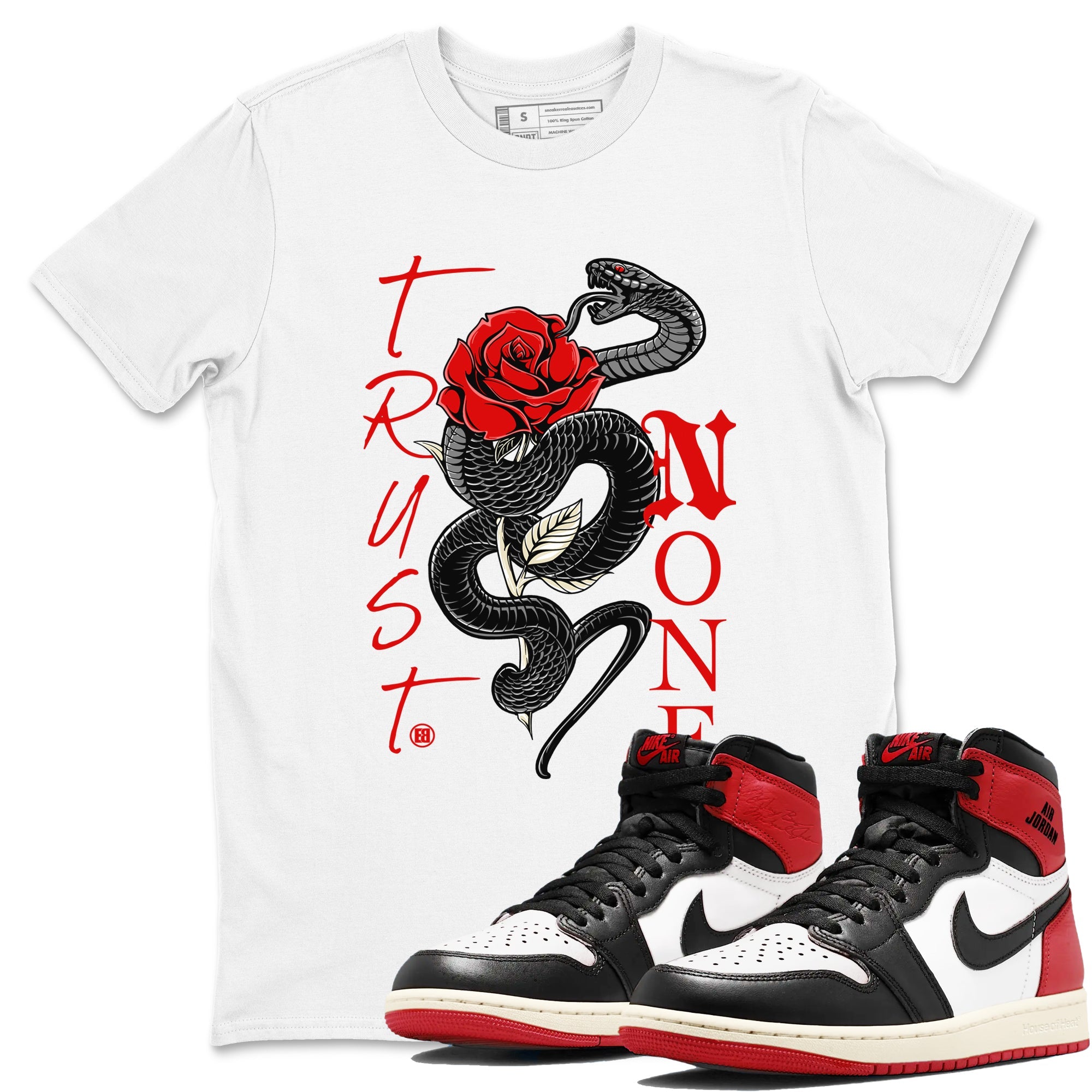 1s Black Toe Reimagined shirts to match jordans Trust None sneaker match tees Air Jordan 1 Black Toe Reimagined Drip Gear Zone streetwear brand White 1 unisex cotton tee