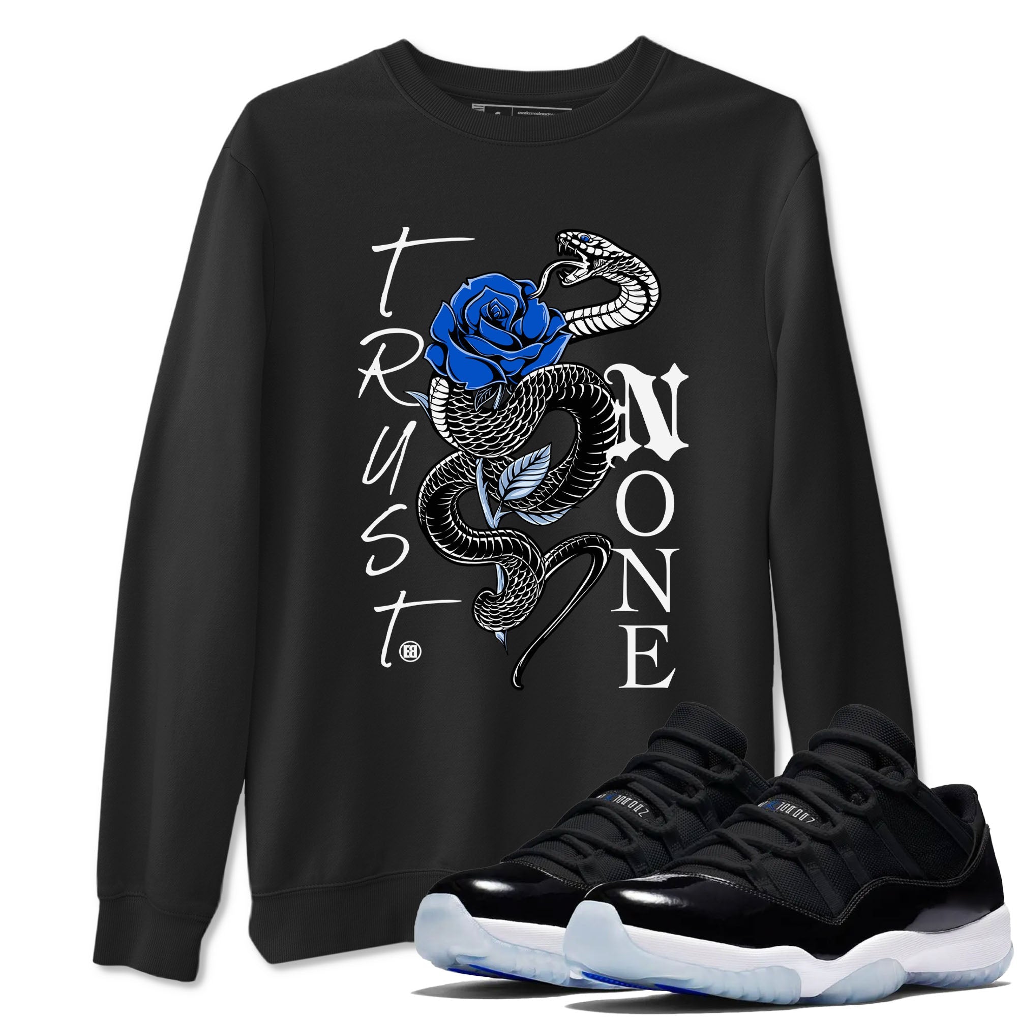 AJ11 Black and Varsity Royal shirt to match jordans Trust None sneaker tees Air Jordan 11 Black and Varsity Royal Drip Gear Zone unisex cotton Black 1 crew neck shirt