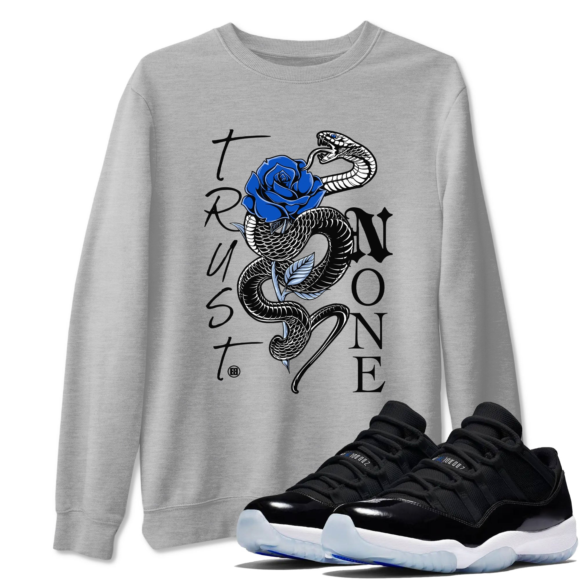 AJ11 Black and Varsity Royal shirt to match jordans Trust None sneaker tees Air Jordan 11 Black and Varsity Royal Drip Gear Zone unisex cotton Heather Grey 1 crew neck shirt