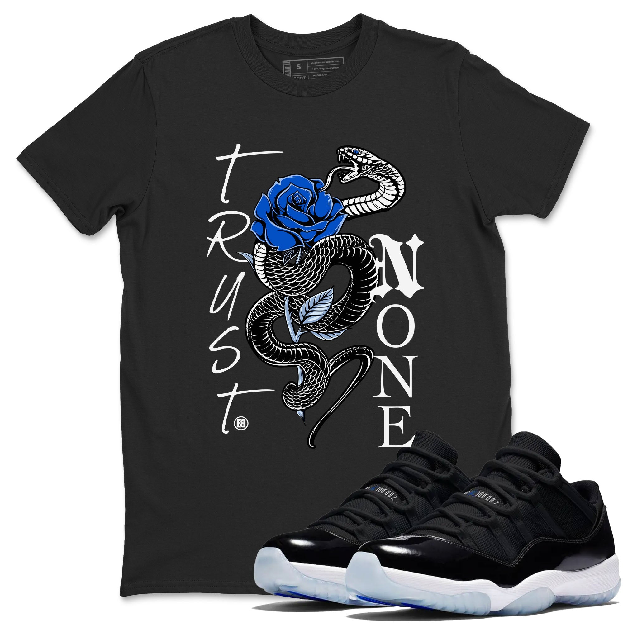 AJ11 Black and Varsity Royal shirt to match jordans Trust None sneaker tees Air Jordan 11 Black and Varsity Royal Drip Gear Zone unisex cotton Black 1 crew neck shirt