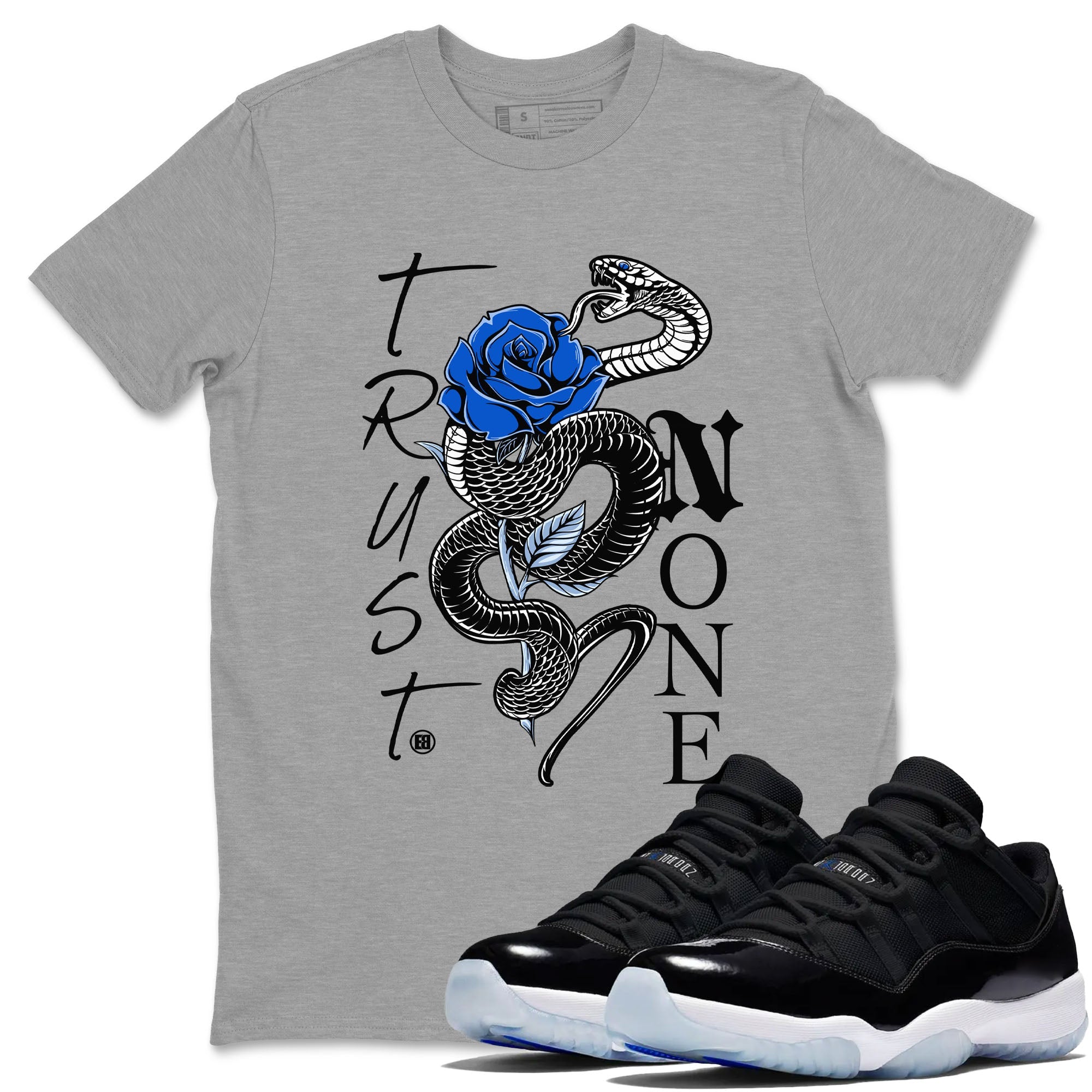 AJ11 Black and Varsity Royal shirt to match jordans Trust None sneaker tees Air Jordan 11 Black and Varsity Royal Drip Gear Zone unisex cotton Heather Grey 1 crew neck shirt