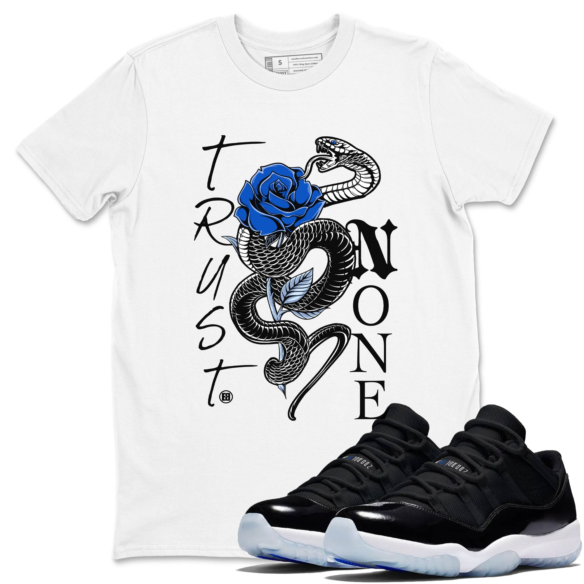 AJ11 Black and Varsity Royal shirt to match jordans Trust None sneaker tees Air Jordan 11 Black and Varsity Royal Drip Gear Zone unisex cotton White 1 crew neck shirt