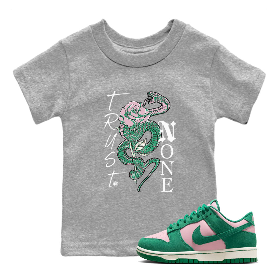Dunk Low Medium Soft Pink Malachite shirt to match jordans Trust None sneaker tees Dunks Medium Soft Pink Malachite Streetwear Brand Drip Gear Zone baby toddler Heather Grey 1 cotton Shirt