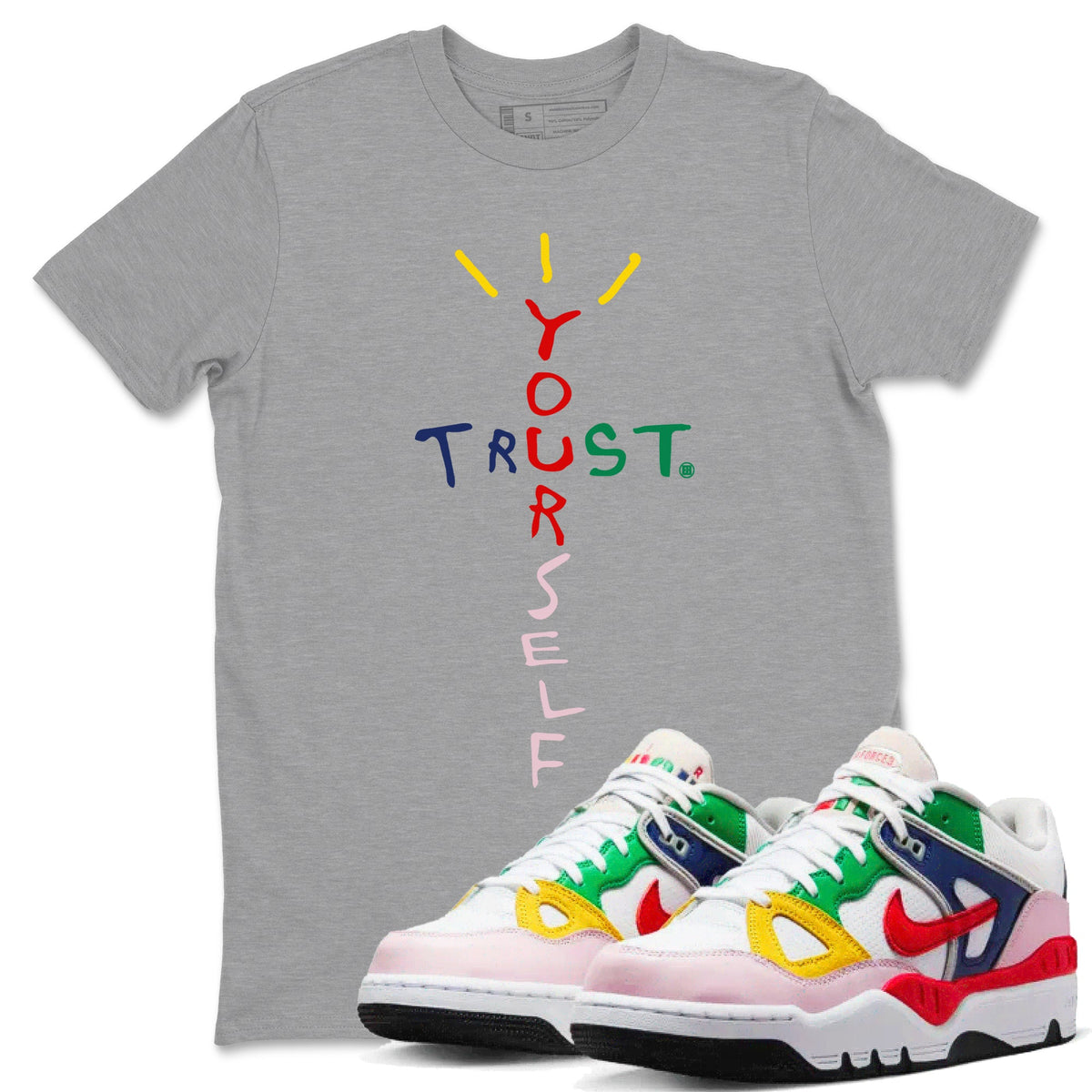 AF 3 Nigo shirtsto match jordans Trust Yourself sneaker match tees Air Force 3 Low x Nigo Blue Void and Tour Yellow match shoes to clothes Drip Gear Zone unisex cotton Heather Grey 1 shirts
