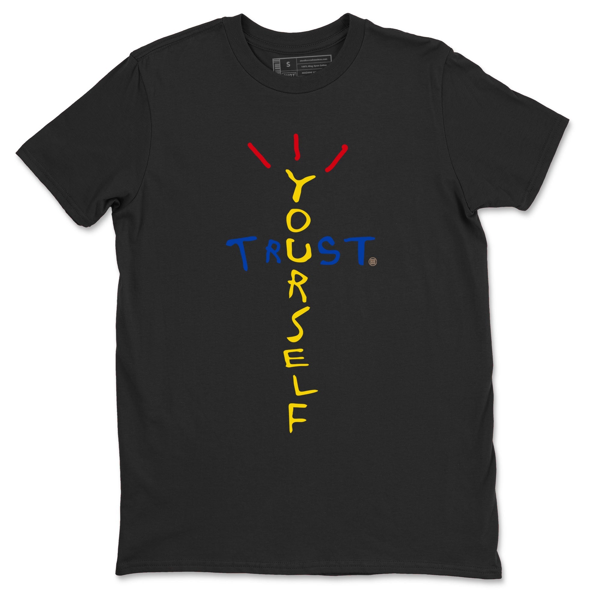 1s Travis Scott Canary shirt to match jordans Trust Yourself sneaker tees Air Jordan 1 Travis Scott Canary Drip Gear Zone unisex cotton Black 2 crew neck shirt