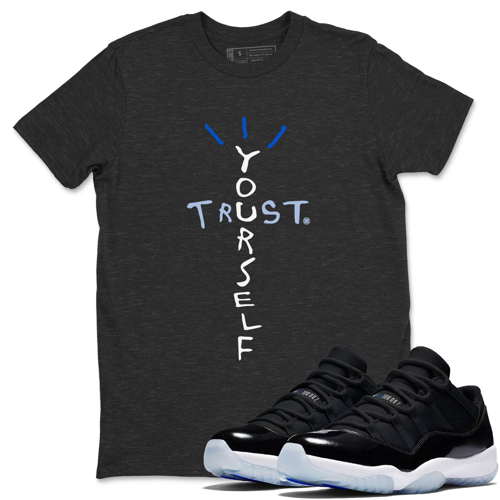 11s Black and Varsity Royal shirt to match jordans Trust Yourself sneaker tees AJ11 Black and Varsity Royal Drip Gear Zone unisex cotton Charcoal Heather 1 crew neck shirt