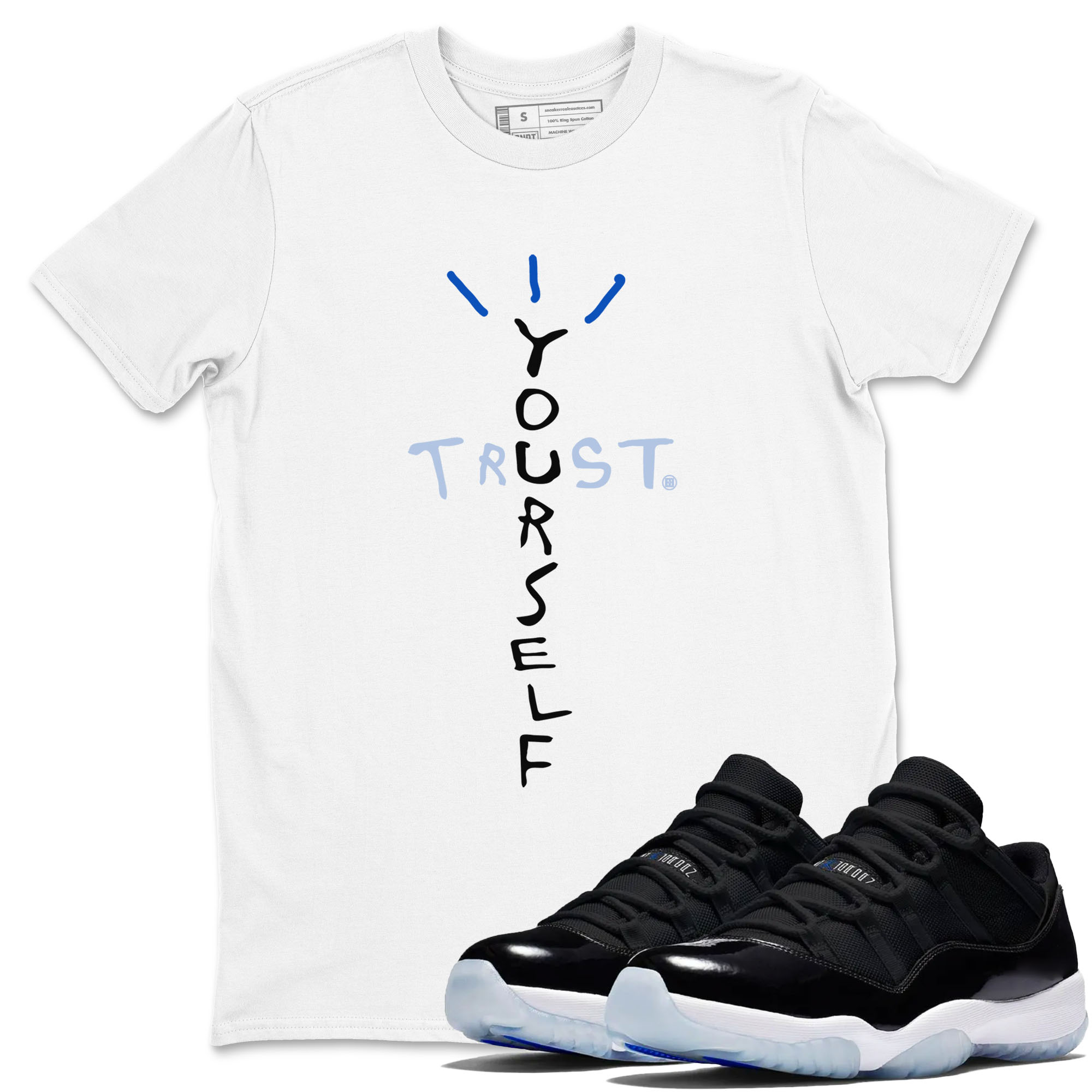 11s Black and Varsity Royal shirt to match jordans Trust Yourself sneaker tees AJ11 Black and Varsity Royal Drip Gear Zone unisex cotton White 1 crew neck shirt