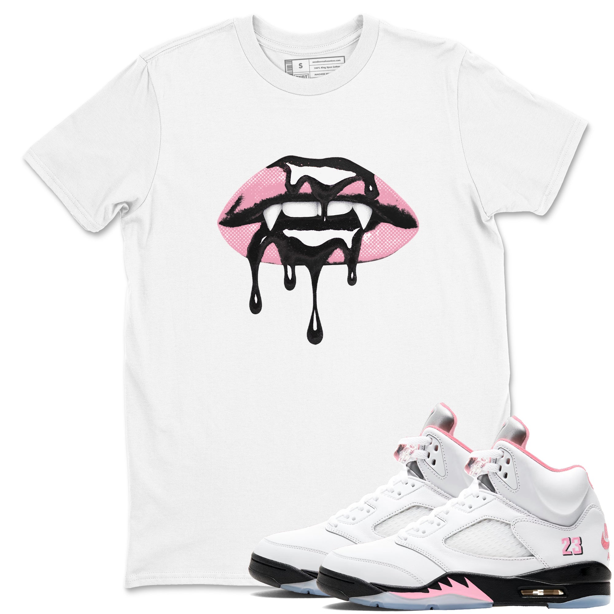 Sneaker Threads Sneaker Tees To Match Air Jordan 5 Medium Soft Pink Shoes Vampire Lips Tee White 1