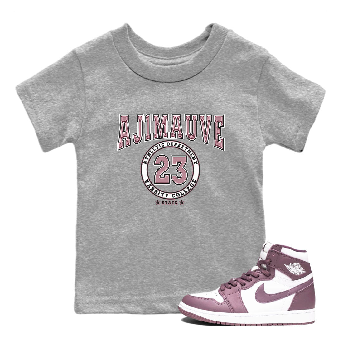 Air Jordan 1 Mauve shirt to match jordans Varsity sneaker tees AJ1 Mauve Drip Gear Zone Sneaker Matching Clothing Brand Baby Toddler Heather Grey 1 T-Shirt
