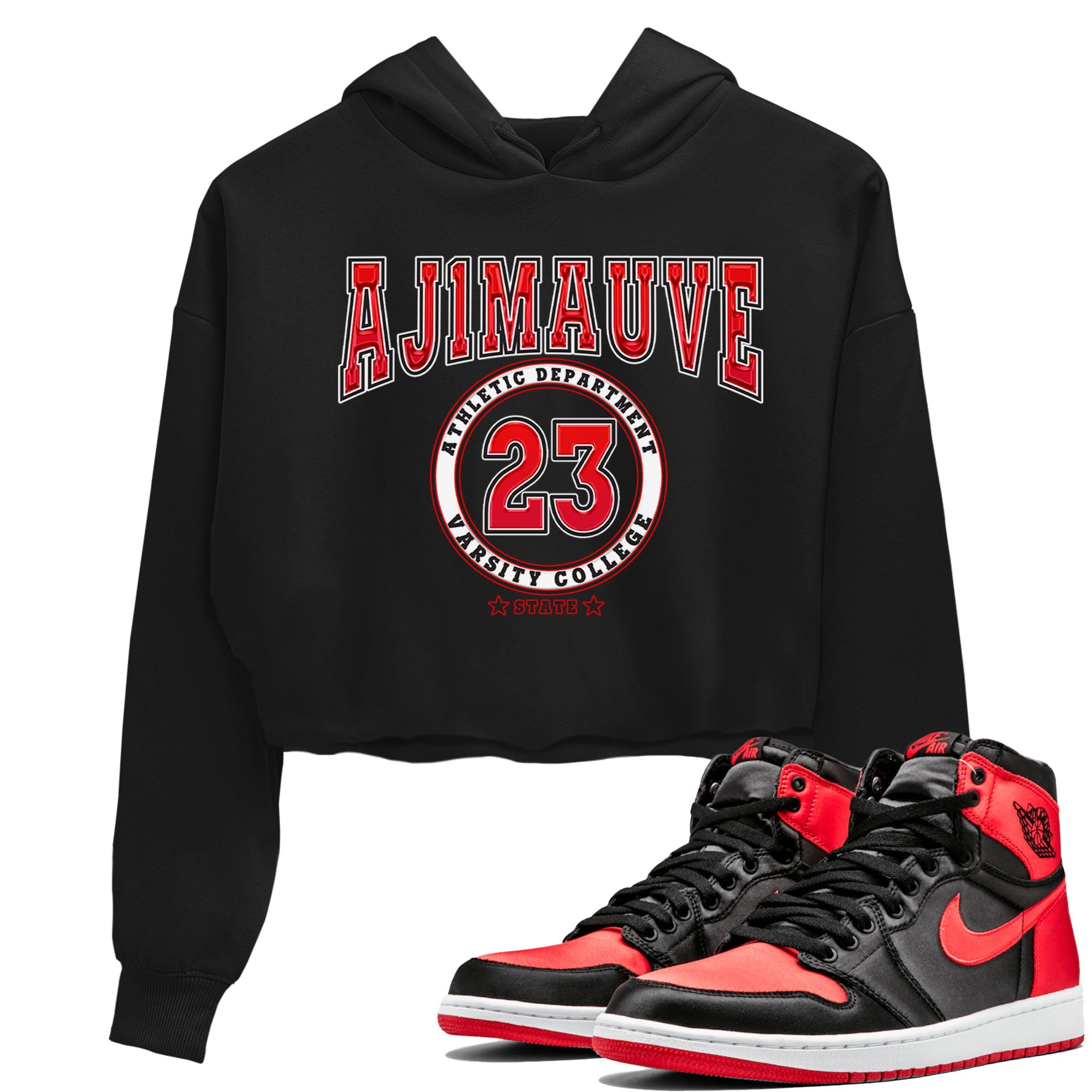 Air Jordan 1 Satin Bred shirt to match jordans Varsity sneaker tees AJ1 Retro Satin Bred Drip Gear Zone Sneaker Matching Clothing Brand Black 1 Crop T-Shirt