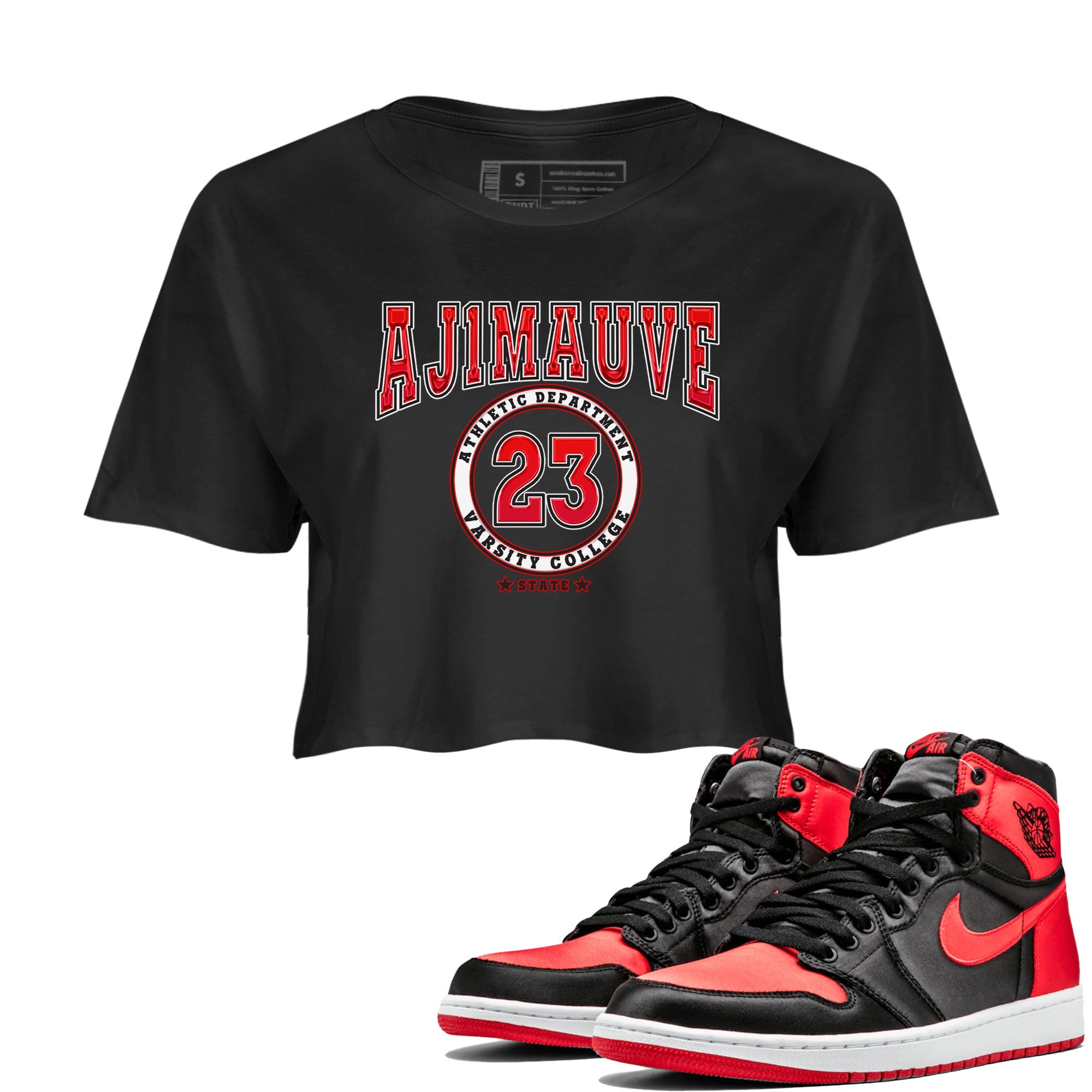 Air Jordan 1 Satin Bred shirt to match jordans Varsity sneaker tees AJ1 Retro Satin Bred Drip Gear Zone Sneaker Matching Clothing Brand Black 1 Crop T-Shirt