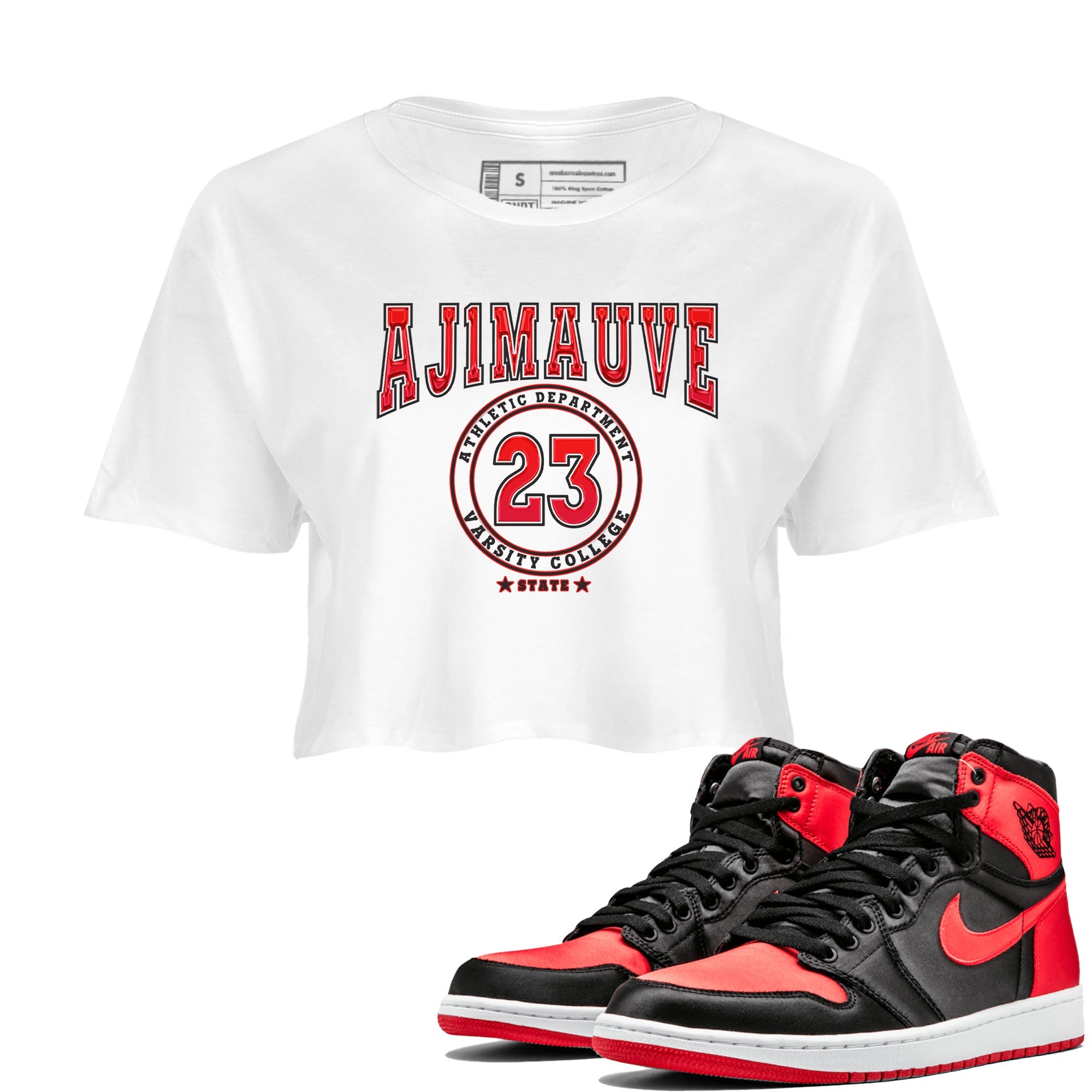 Air Jordan 1 Satin Bred shirt to match jordans Varsity sneaker tees AJ1 Retro Satin Bred Drip Gear Zone Sneaker Matching Clothing Brand White 1 Crop T-Shirt