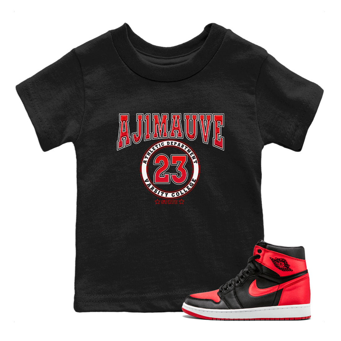 Air Jordan 1 Satin Bred shirt to match jordans Varsity sneaker tees AJ1 Retro Satin Bred Drip Gear Zone Sneaker Matching Clothing Brand Baby Toddler Black 1 T-Shirt