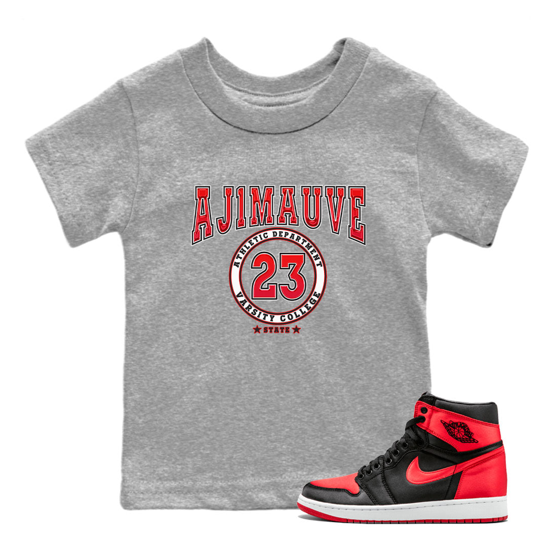 Air Jordan 1 Satin Bred shirt to match jordans Varsity sneaker tees AJ1 Retro Satin Bred Drip Gear Zone Sneaker Matching Clothing Brand Baby Toddler Heather Grey 1 T-Shirt