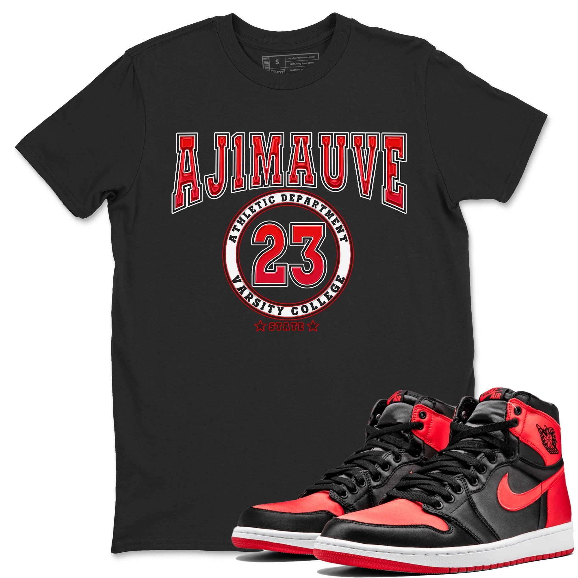 Air Jordan 1 Satin Bred shirt to match jordans Varsity sneaker tees AJ1 Retro Satin Bred Drip Gear Zone Sneaker Matching Clothing Brand Unisex Sneaker Tee Black 1 T-Shirt