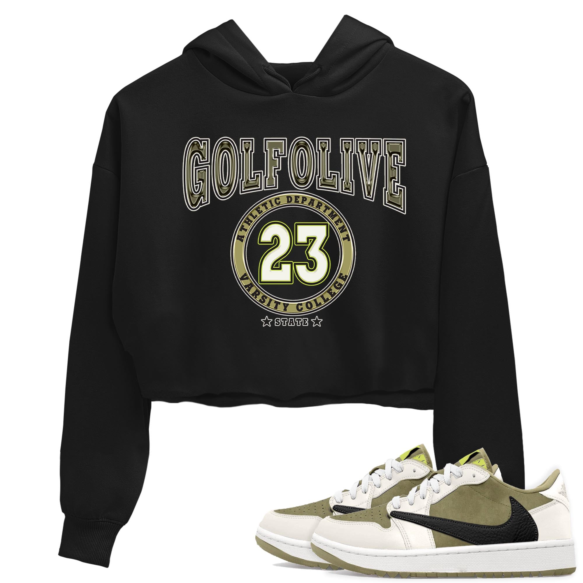 Jordan 1 Low X Travis Scott Golf Olive shirt to match jordans Varsity sneaker release tees Air Jordan 1 Travis Scott Golf Olive Drip Gear Zone Black 1 Crop T-Shirt
