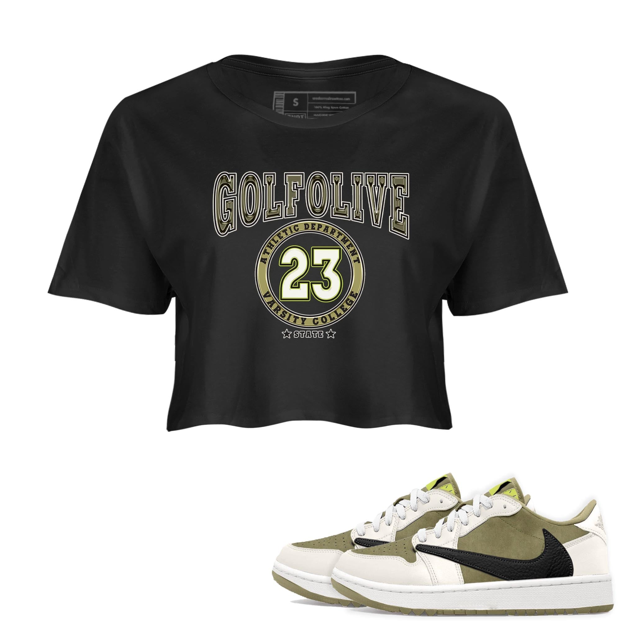 Jordan 1 Low X Travis Scott Golf Olive shirt to match jordans Varsity sneaker release tees Air Jordan 1 Travis Scott Golf Olive Drip Gear Zone Black 1 Crop T-Shirt