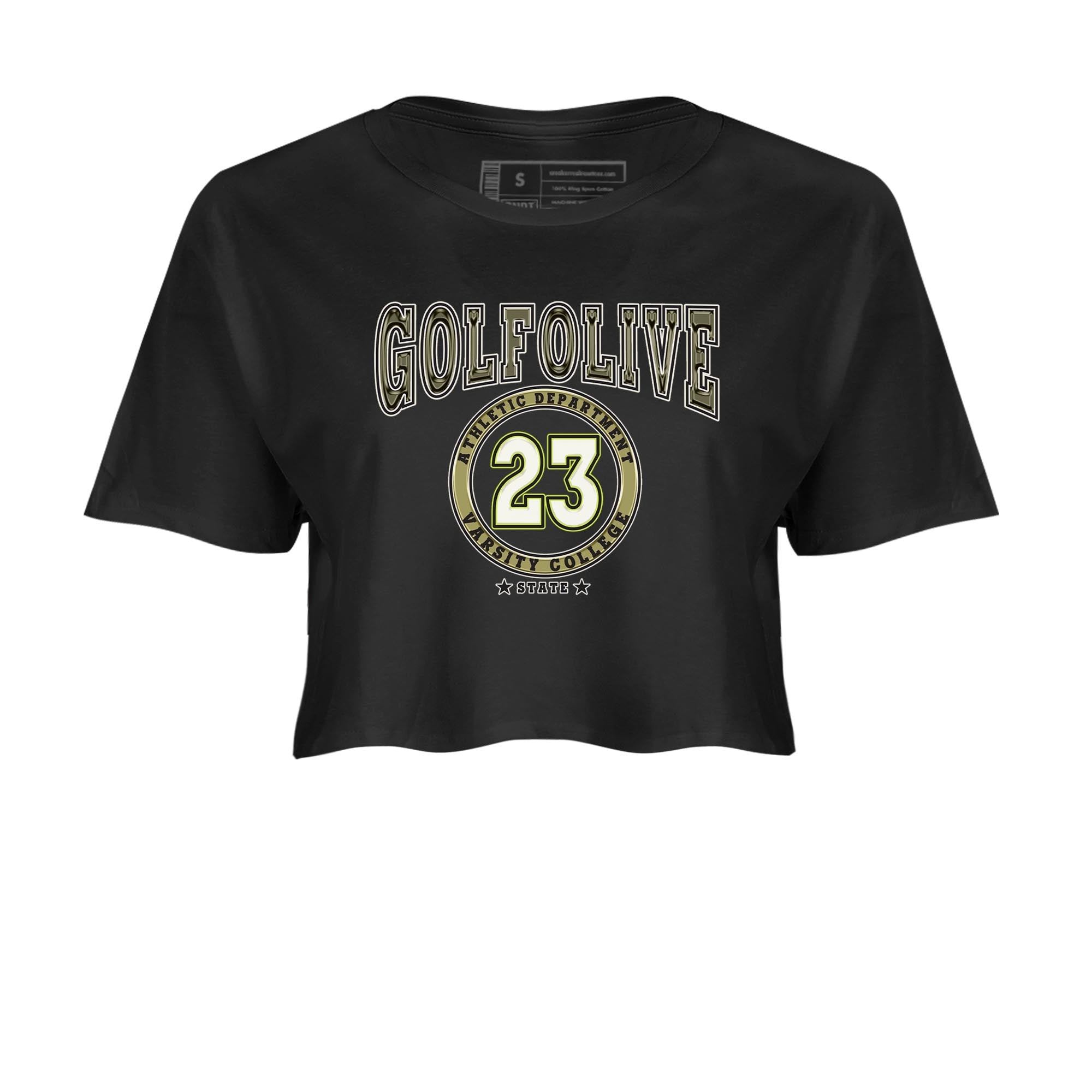Jordan 1 Low X Travis Scott Golf Olive shirt to match jordans Varsity sneaker release tees Air Jordan 1 Travis Scott Golf Olive Drip Gear Zone Black 2 Crop T-Shirt
