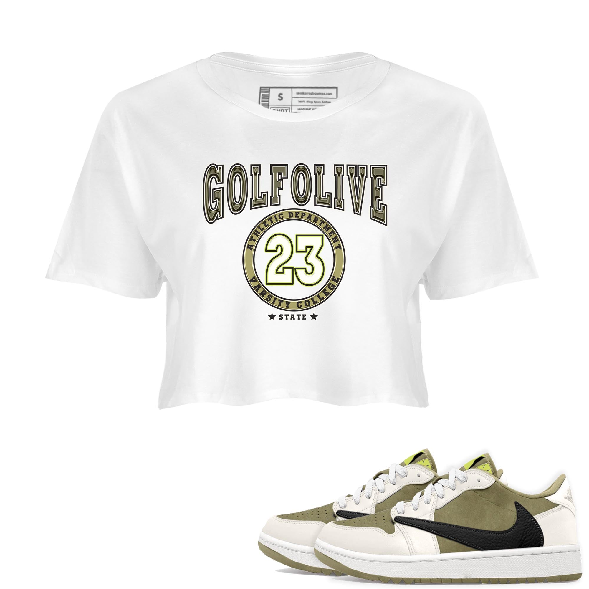 Jordan 1 Low X Travis Scott Golf Olive shirt to match jordans Varsity sneaker release tees Air Jordan 1 Travis Scott Golf Olive Drip Gear Zone White 1 Crop T-Shirt