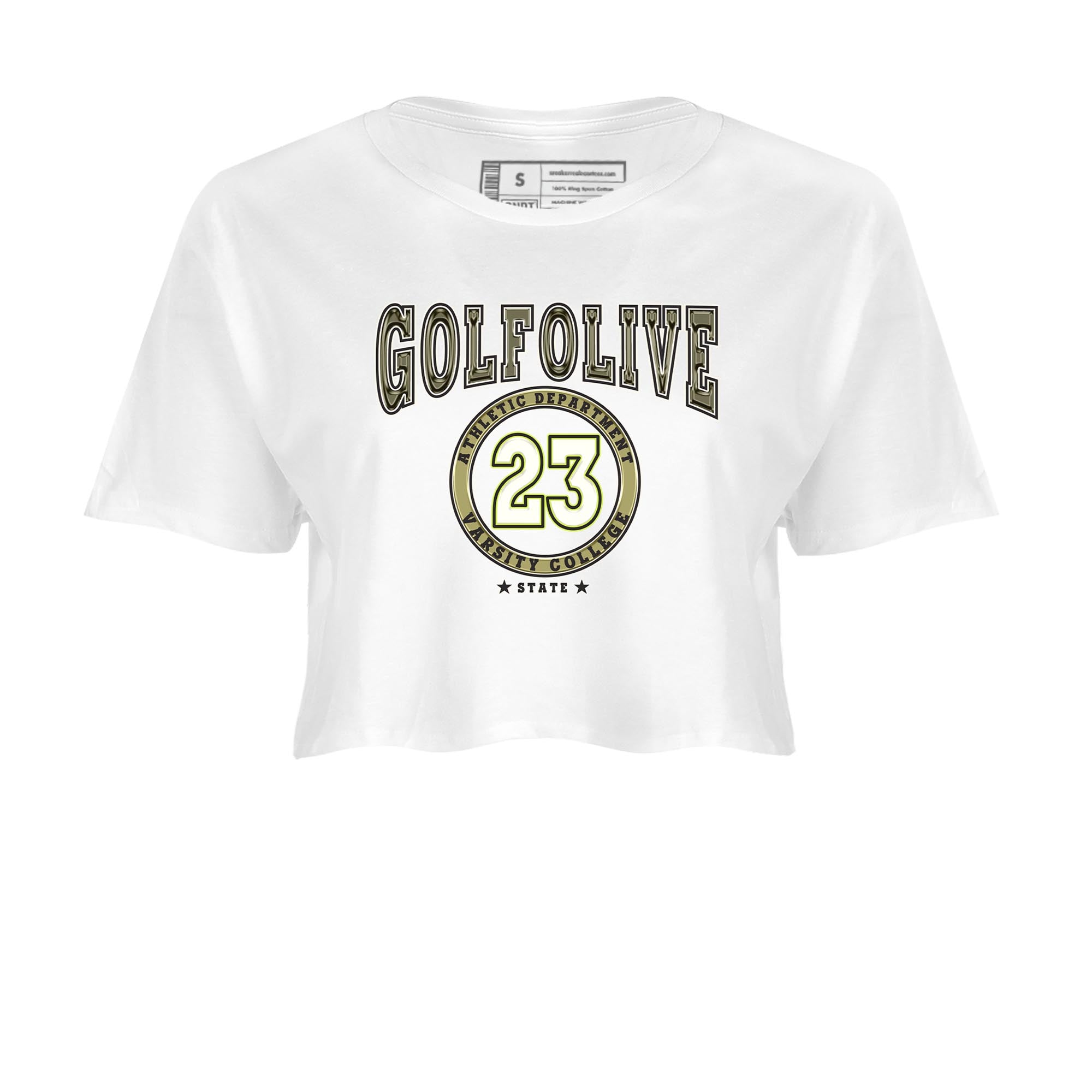 Jordan 1 Low X Travis Scott Golf Olive shirt to match jordans Varsity sneaker release tees Air Jordan 1 Travis Scott Golf Olive Drip Gear Zone White 2 Crop T-Shirt