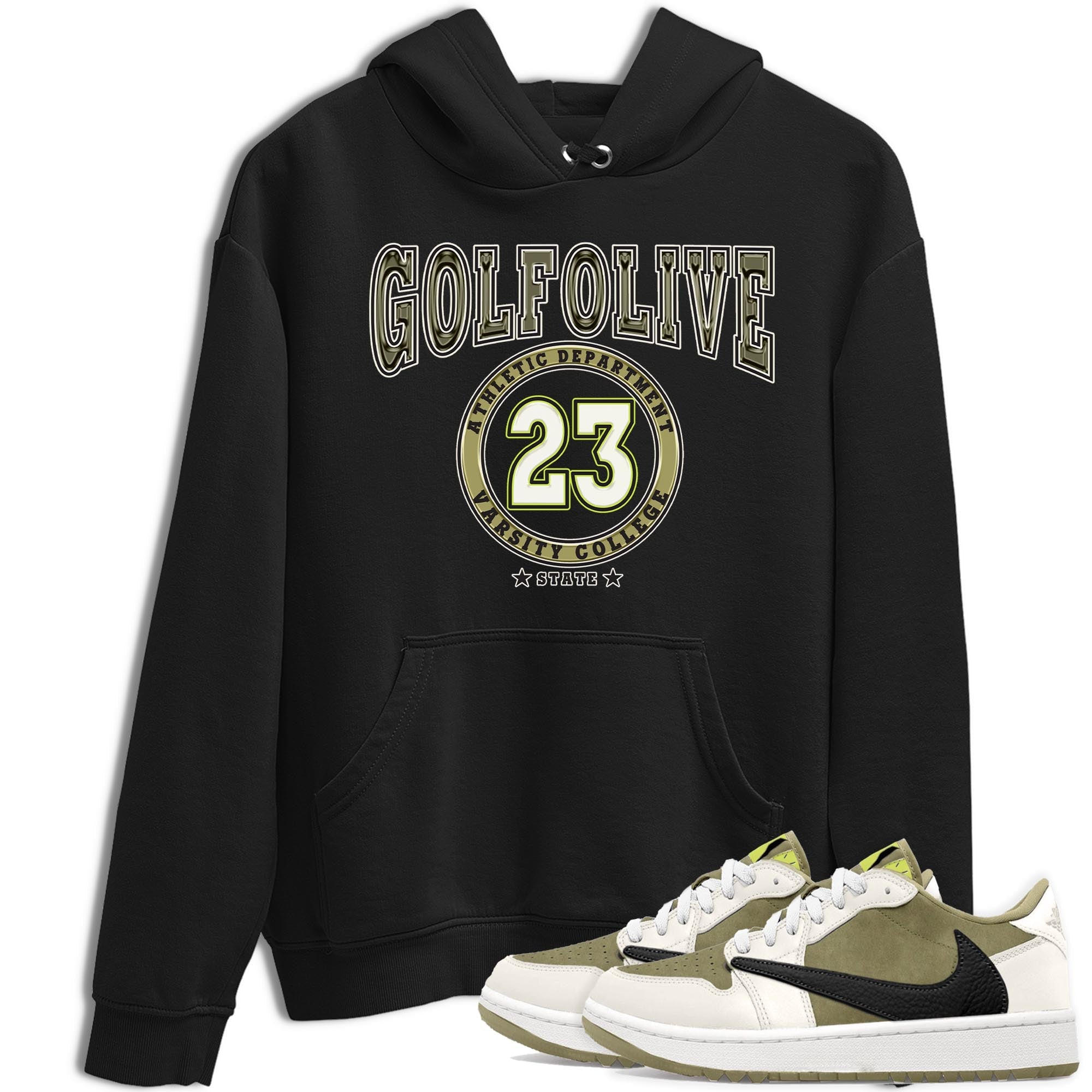 Jordan 1 Low X Travis Scott Golf Olive shirt to match jordans Varsity sneaker release tees Air Jordan 1 Travis Scott Golf Olive Drip Gear Zone Unisex Streetwear Clothing Black 1 T-Shirt