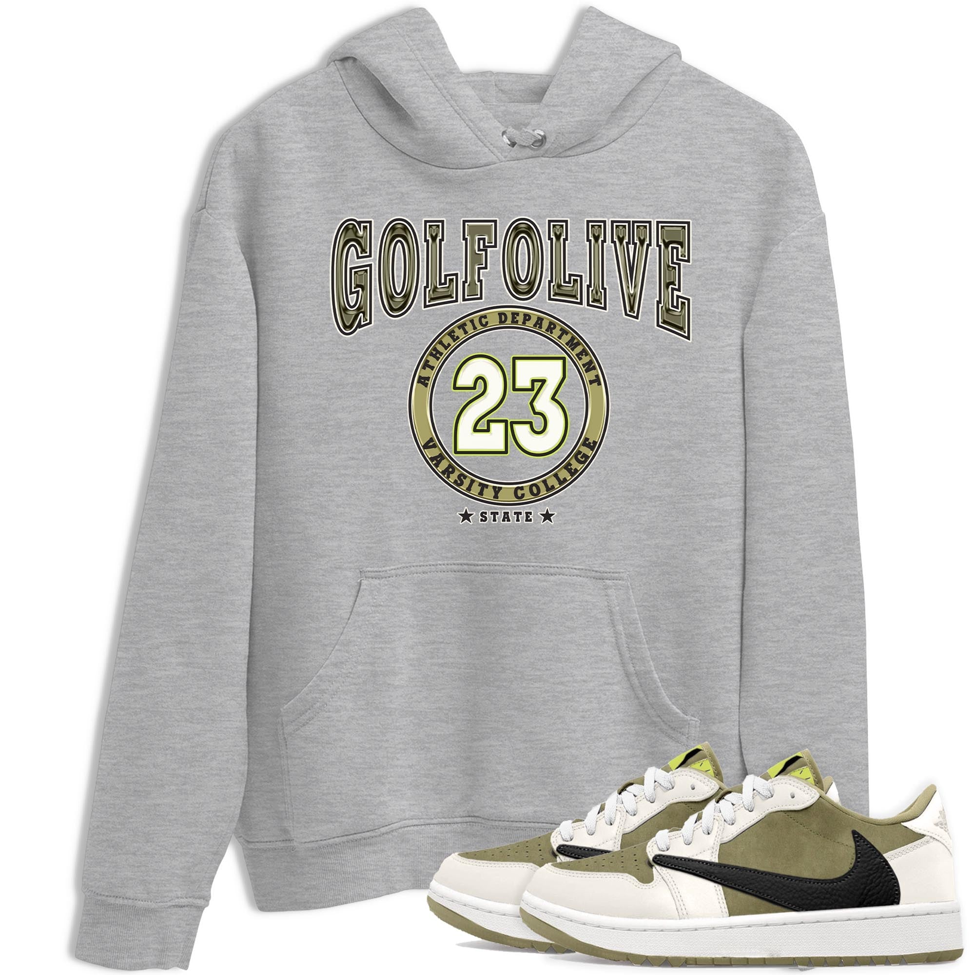Jordan 1 Low X Travis Scott Golf Olive shirt to match jordans Varsity sneaker release tees Air Jordan 1 Travis Scott Golf Olive Drip Gear Zone Unisex Streetwear Clothing Heather Grey 1 T-Shirt