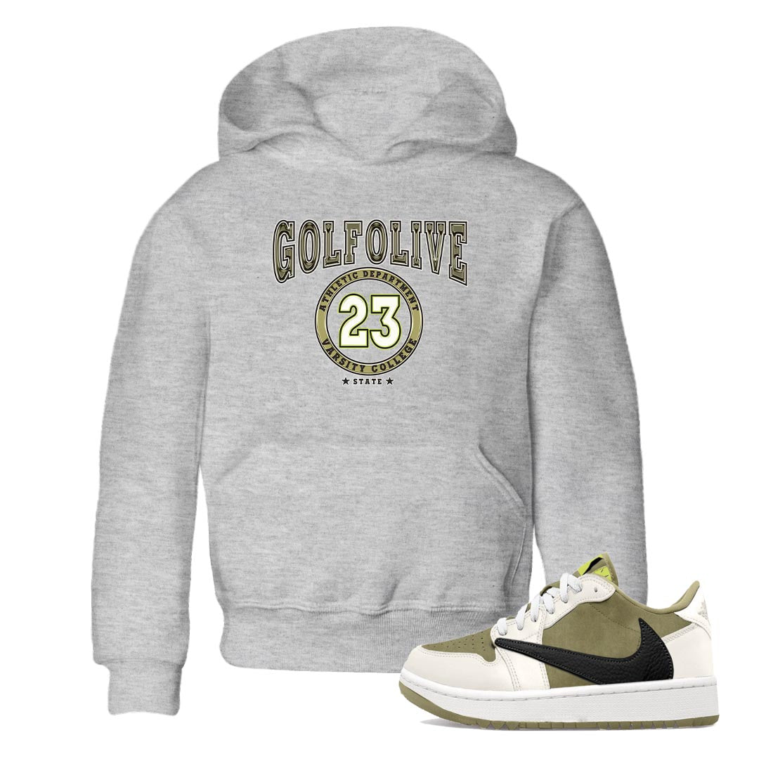 Jordan 1 Low X Travis Scott Golf Olive shirt to match jordans Varsity sneaker release tees Air Jordan 1 Travis Scott Golf Olive Drip Gear Zone Baby Toddler Heather Grey 1 T-Shirt