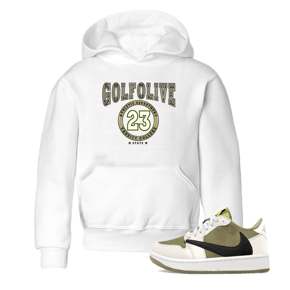 Jordan 1 Low X Travis Scott Golf Olive shirt to match jordans Varsity sneaker release tees Air Jordan 1 Travis Scott Golf Olive Drip Gear Zone Baby Toddler White 1 T-Shirt