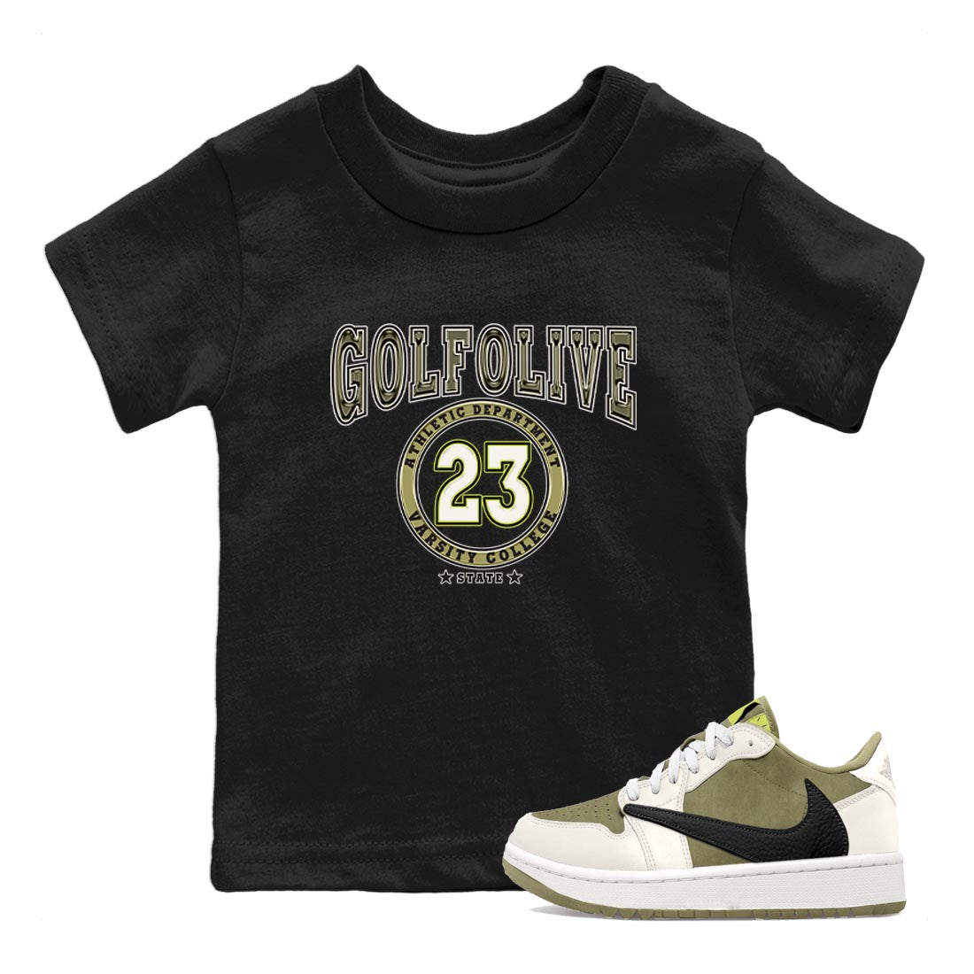 Jordan 1 Low X Travis Scott Golf Olive shirt to match jordans Varsity sneaker release tees Air Jordan 1 Travis Scott Golf Olive Drip Gear Zone Baby Toddler Black 1 T-Shirt
