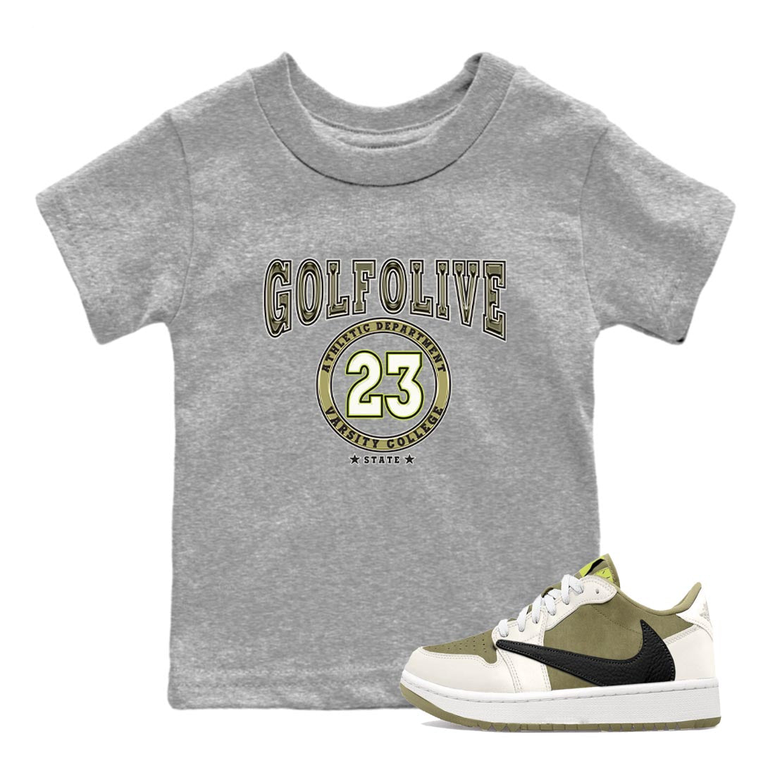 Jordan 1 Low X Travis Scott Golf Olive shirt to match jordans Varsity sneaker release tees Air Jordan 1 Travis Scott Golf Olive Drip Gear Zone Baby Toddler Heather Grey 1 T-Shirt