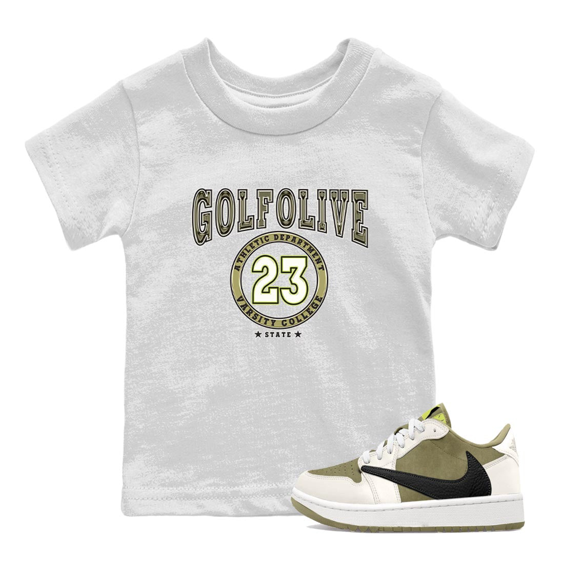 Jordan 1 Low X Travis Scott Golf Olive shirt to match jordans Varsity sneaker release tees Air Jordan 1 Travis Scott Golf Olive Drip Gear Zone Baby Toddler White 1 T-Shirt