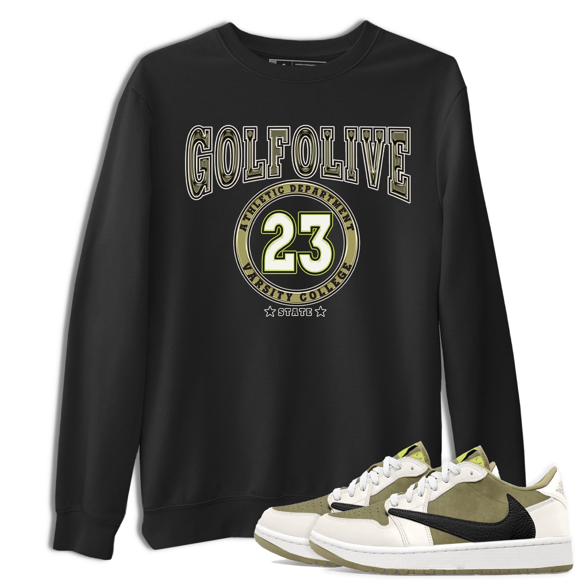 Jordan 1 Low X Travis Scott Golf Olive shirt to match jordans Varsity sneaker release tees Air Jordan 1 Travis Scott Golf Olive Drip Gear Zone Unisex Streetwear Clothing Black 1 T-Shirt