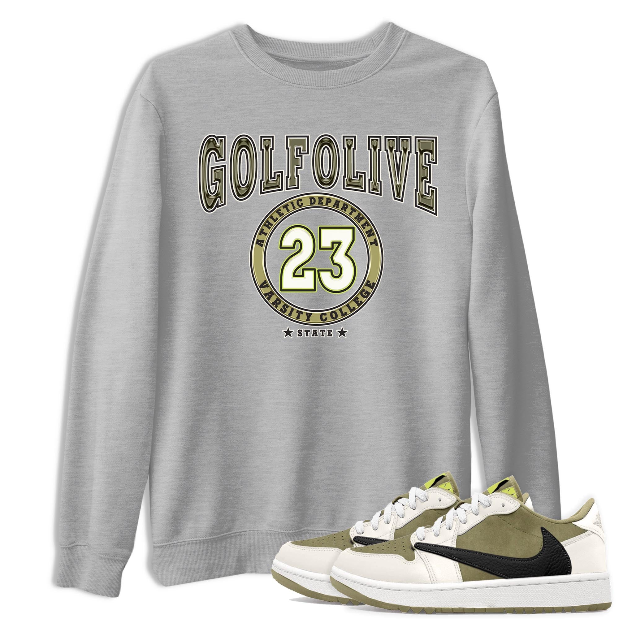 Jordan 1 Low X Travis Scott Golf Olive shirt to match jordans Varsity sneaker release tees Air Jordan 1 Travis Scott Golf Olive Drip Gear Zone Unisex Streetwear Clothing Heather Grey 1 T-Shirt