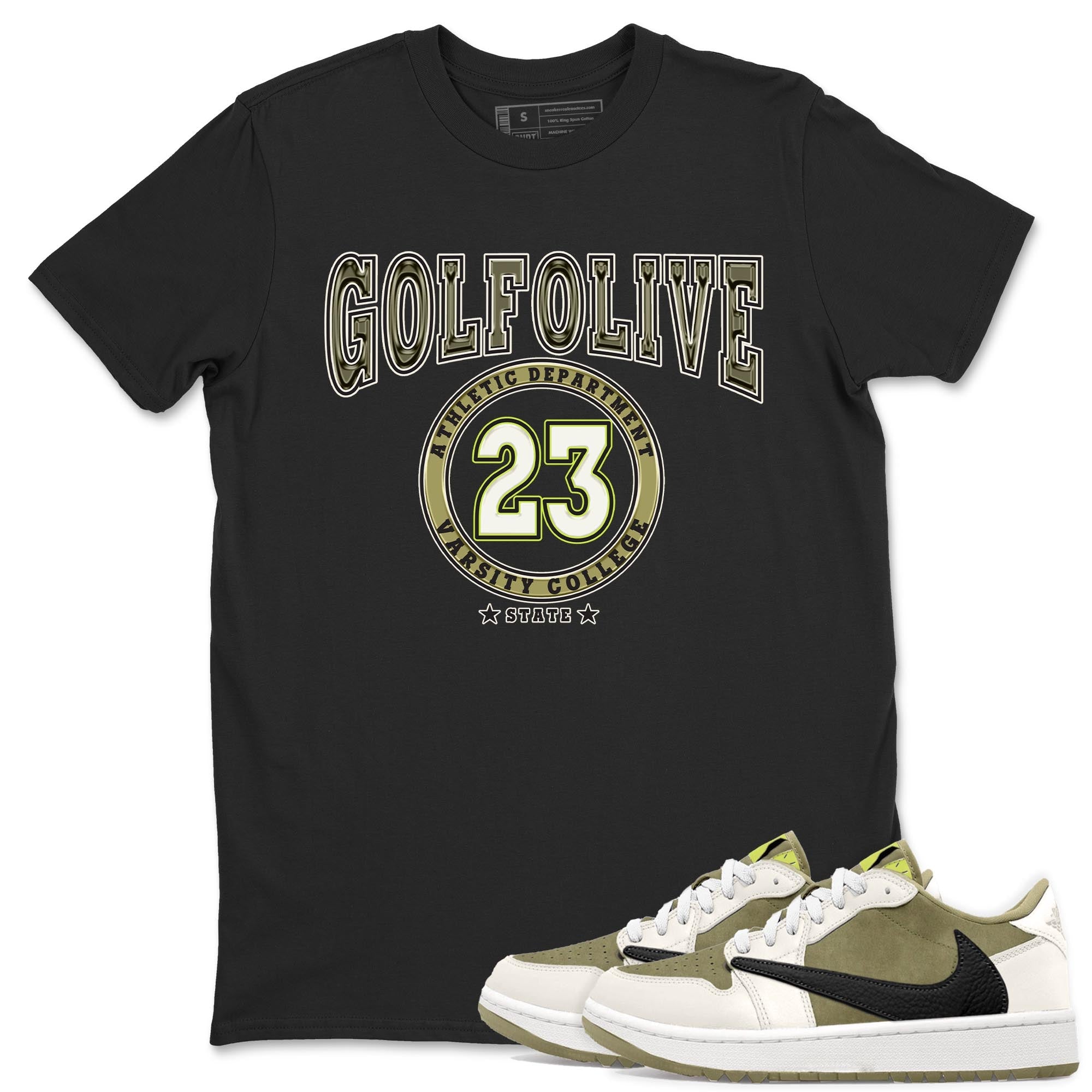 Jordan 1 Low X Travis Scott Golf Olive shirt to match jordans Varsity sneaker release tees Air Jordan 1 Travis Scott Golf Olive Drip Gear Zone Unisex Streetwear Clothing Black 1 T-Shirt