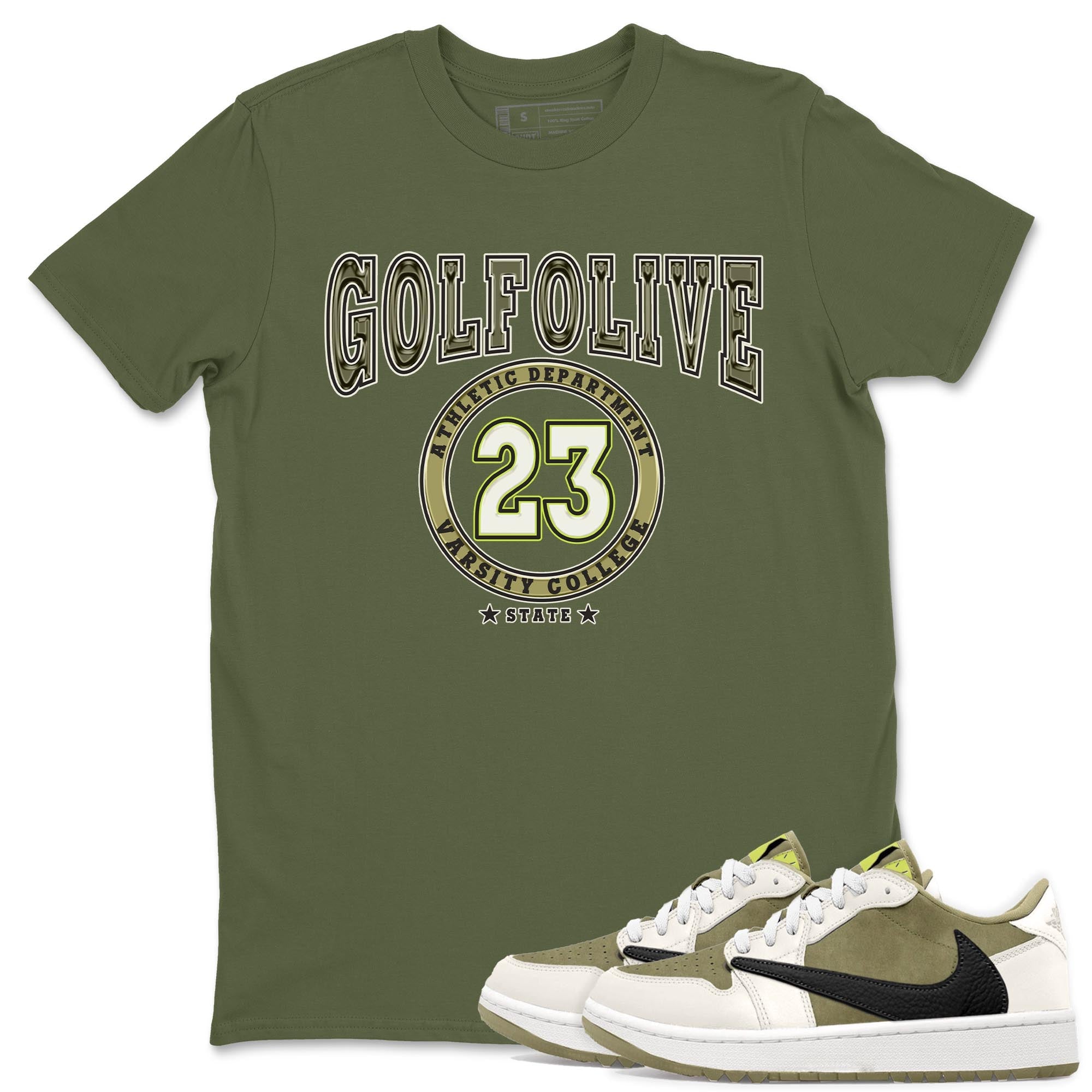 Jordan 1 Low X Travis Scott Golf Olive shirt to match jordans Varsity sneaker release tees Air Jordan 1 Travis Scott Golf Olive Drip Gear Zone Unisex Streetwear Clothing Military Green 1 T-Shirt