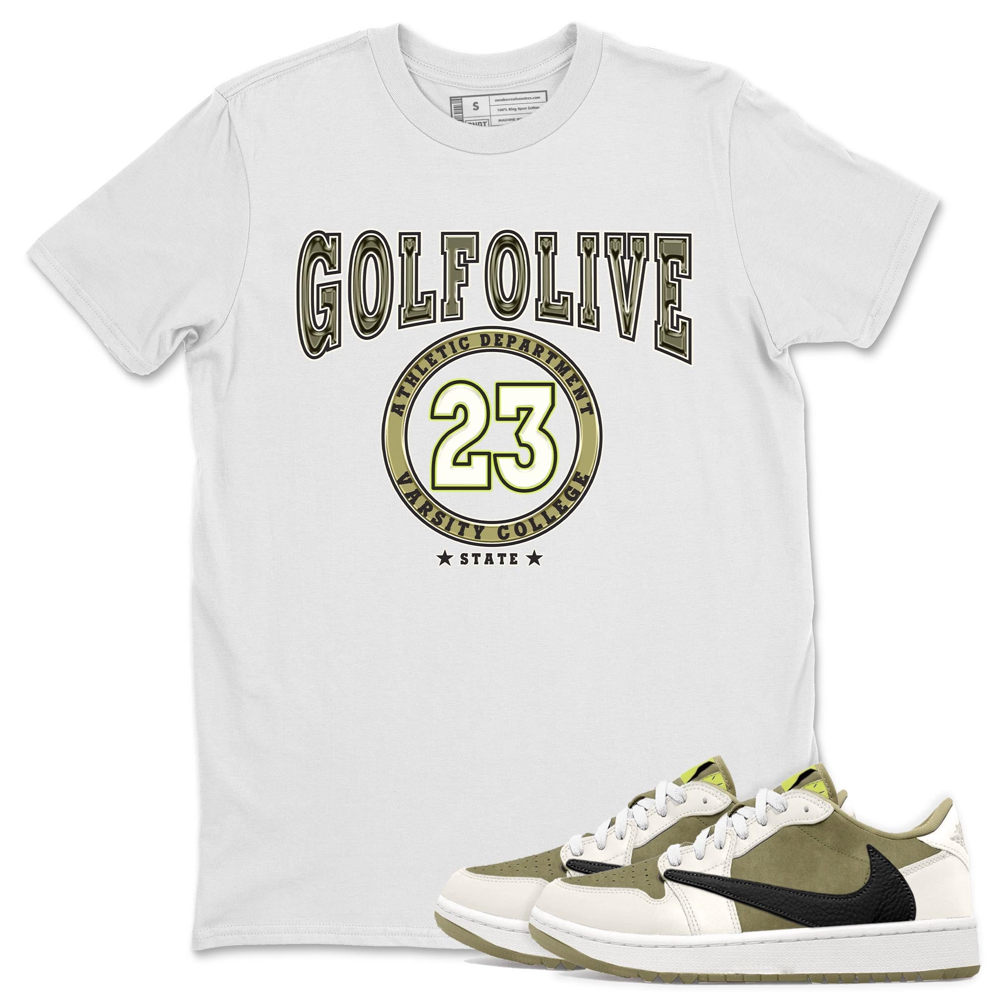 Jordan 1 Low X Travis Scott Golf Olive shirt to match jordans Varsity sneaker release tees Air Jordan 1 Travis Scott Golf Olive Drip Gear Zone Unisex Streetwear Clothing White 1 T-Shirt