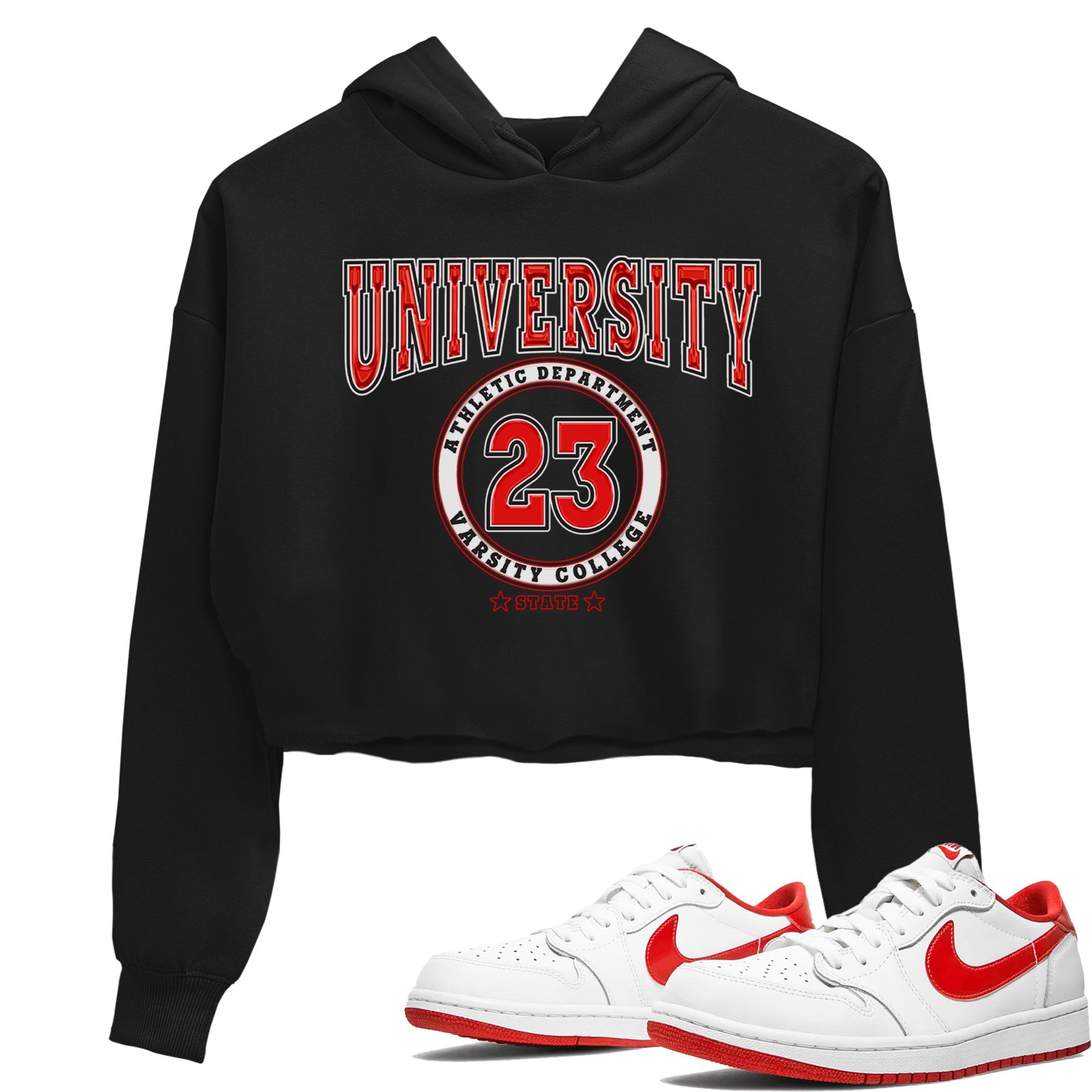 1s Low University Red shirt to match jordans Varsity sneaker tees Air Jordan 1 University Red Drip Gear Zone Sneaker Matching Clothing Brand Black 1 Crop T-Shirt