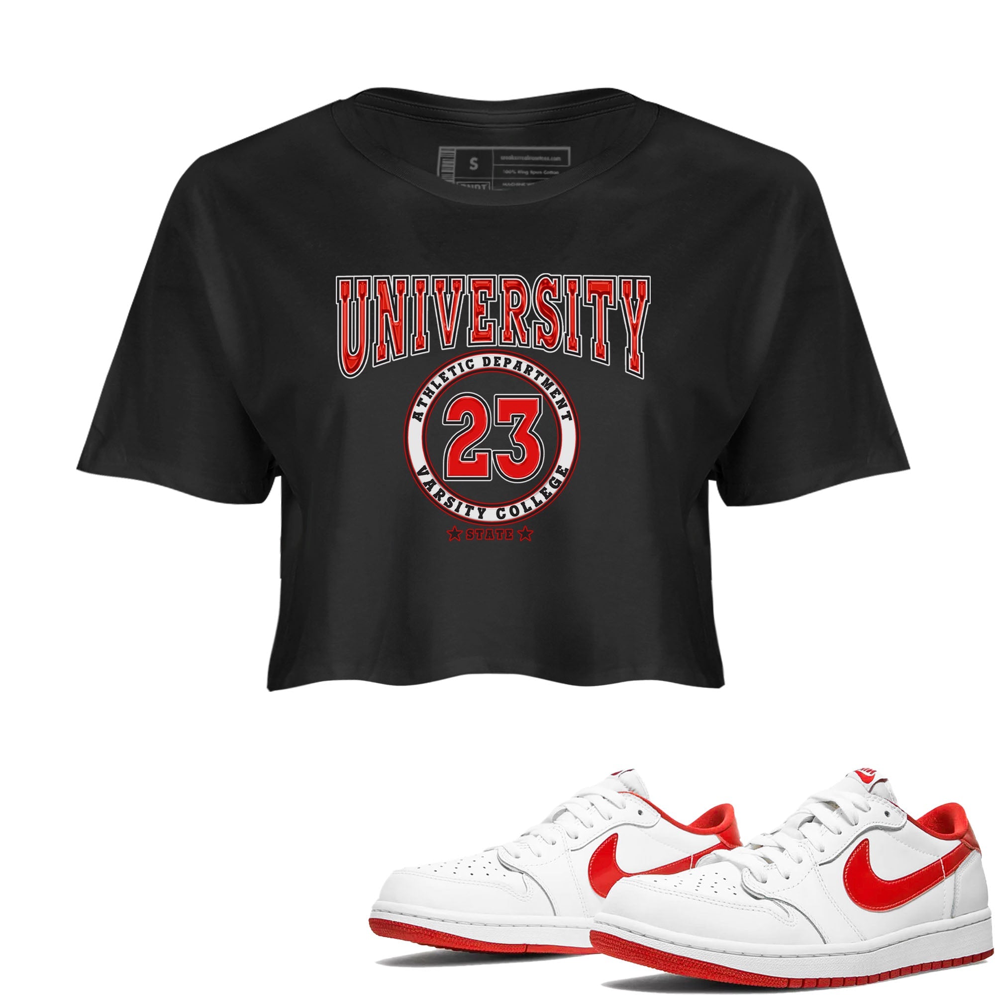 1s Low University Red shirt to match jordans Varsity sneaker tees Air Jordan 1 University Red Drip Gear Zone Sneaker Matching Clothing Brand Black 1 Crop T-Shirt