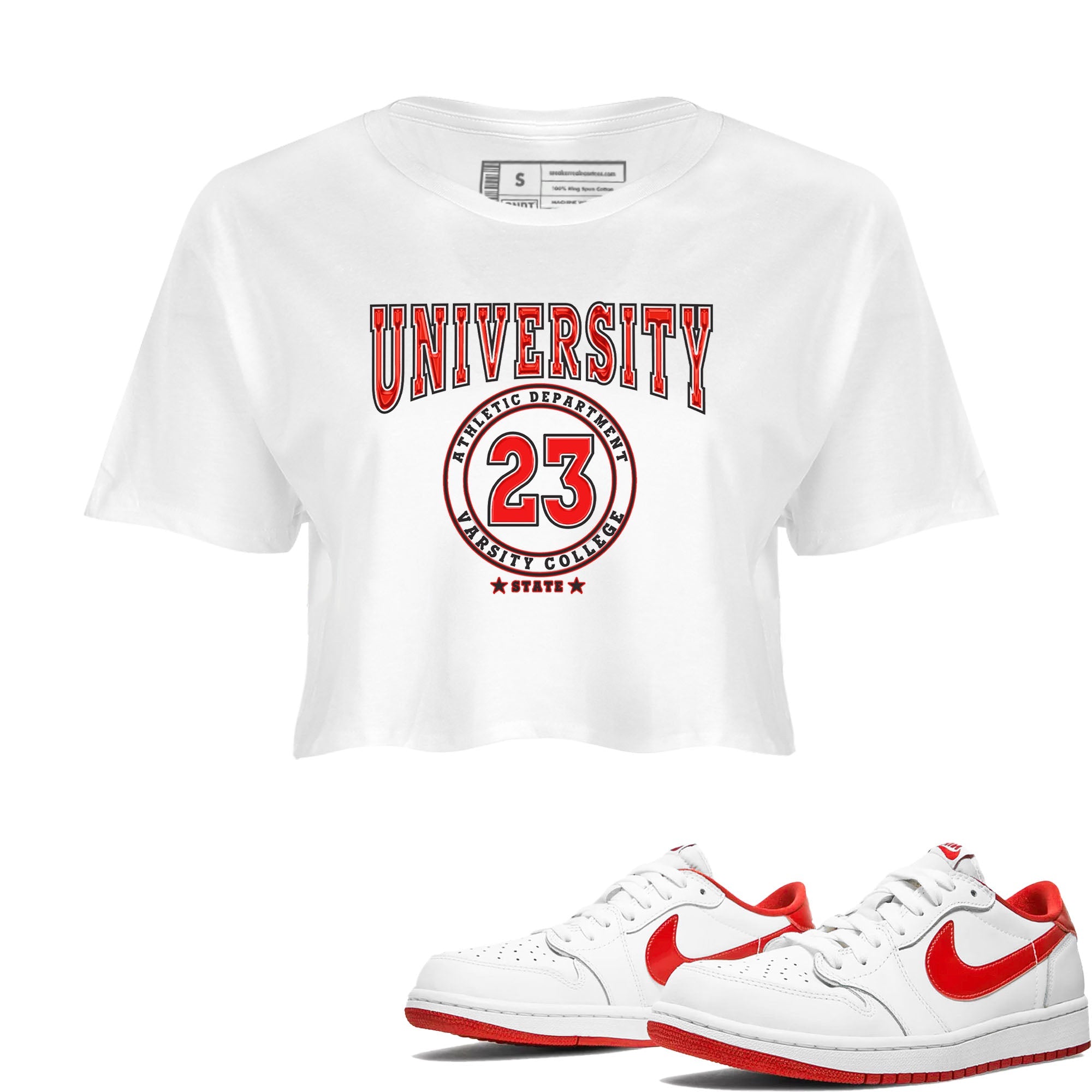 1s Low University Red shirt to match jordans Varsity sneaker tees Air Jordan 1 University Red Drip Gear Zone Sneaker Matching Clothing Brand White 1 Crop T-Shirt