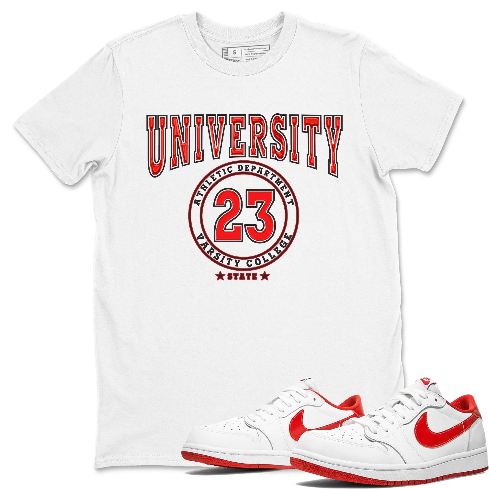 1s Low University Red shirt to match jordans Varsity sneaker tees Air Jordan 1 University Red Drip Gear Zone Sneaker Matching Clothing Brand Unisex Sneaker Tee White 1 T-Shirt