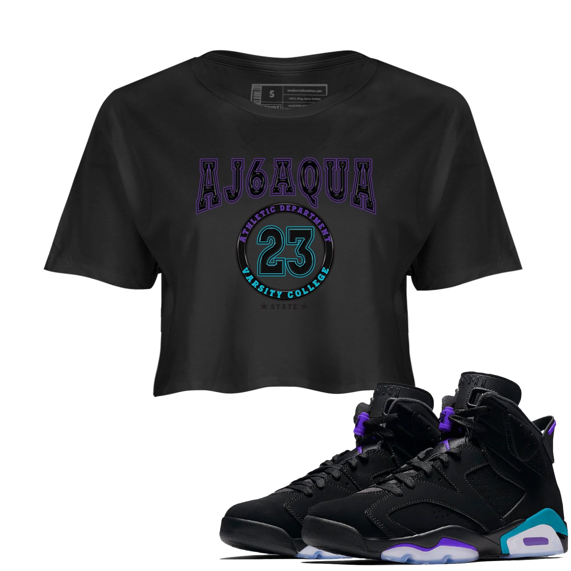 AJ6 Aqua shirt to match jordans Varsity sneaker release tees Air Jordan 6 Aqua Drip Gear Zone Black 1 Crop T-Shirt