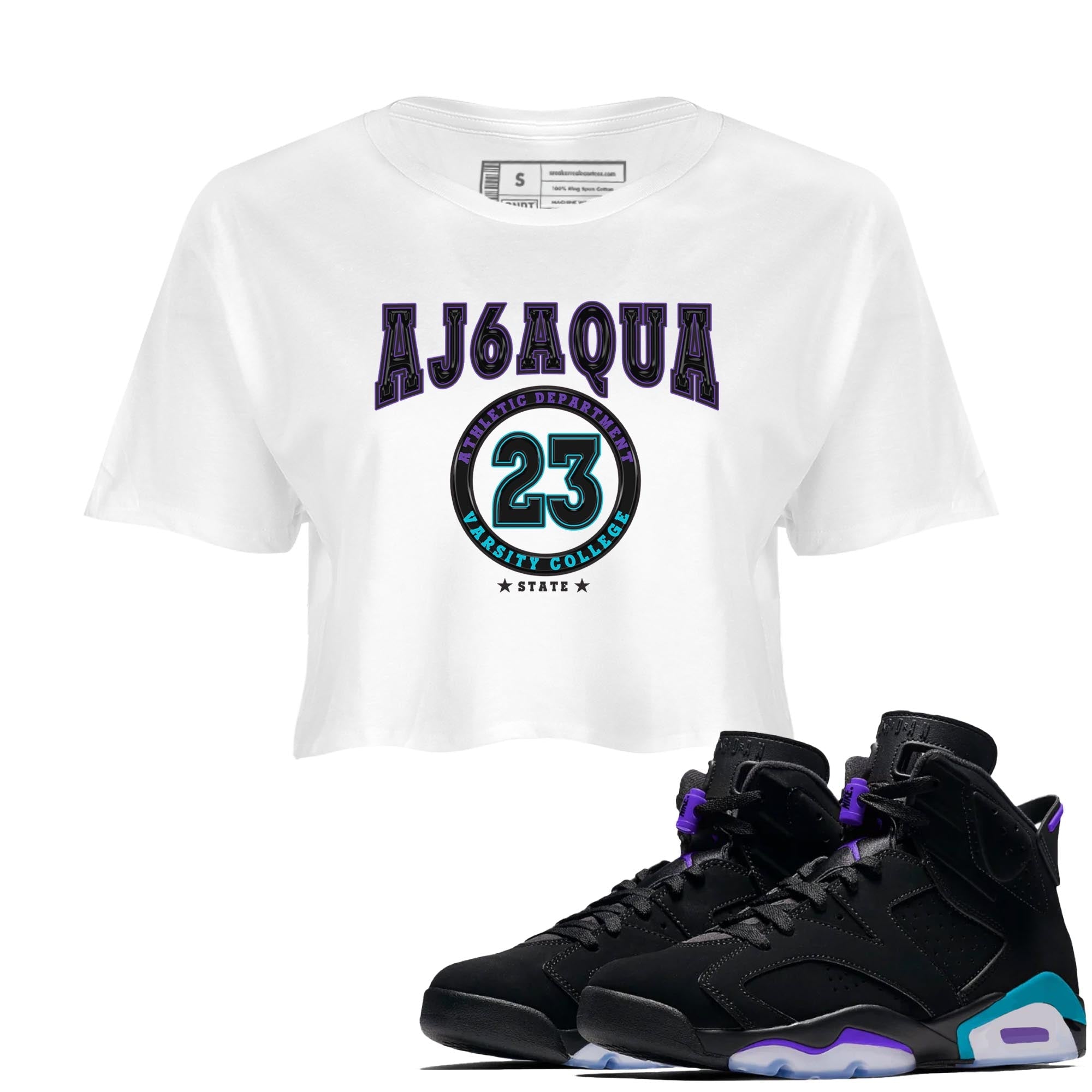 AJ6 Aqua shirt to match jordans Varsity sneaker release tees Air Jordan 6 Aqua Drip Gear Zone White 1 Crop T-Shirt