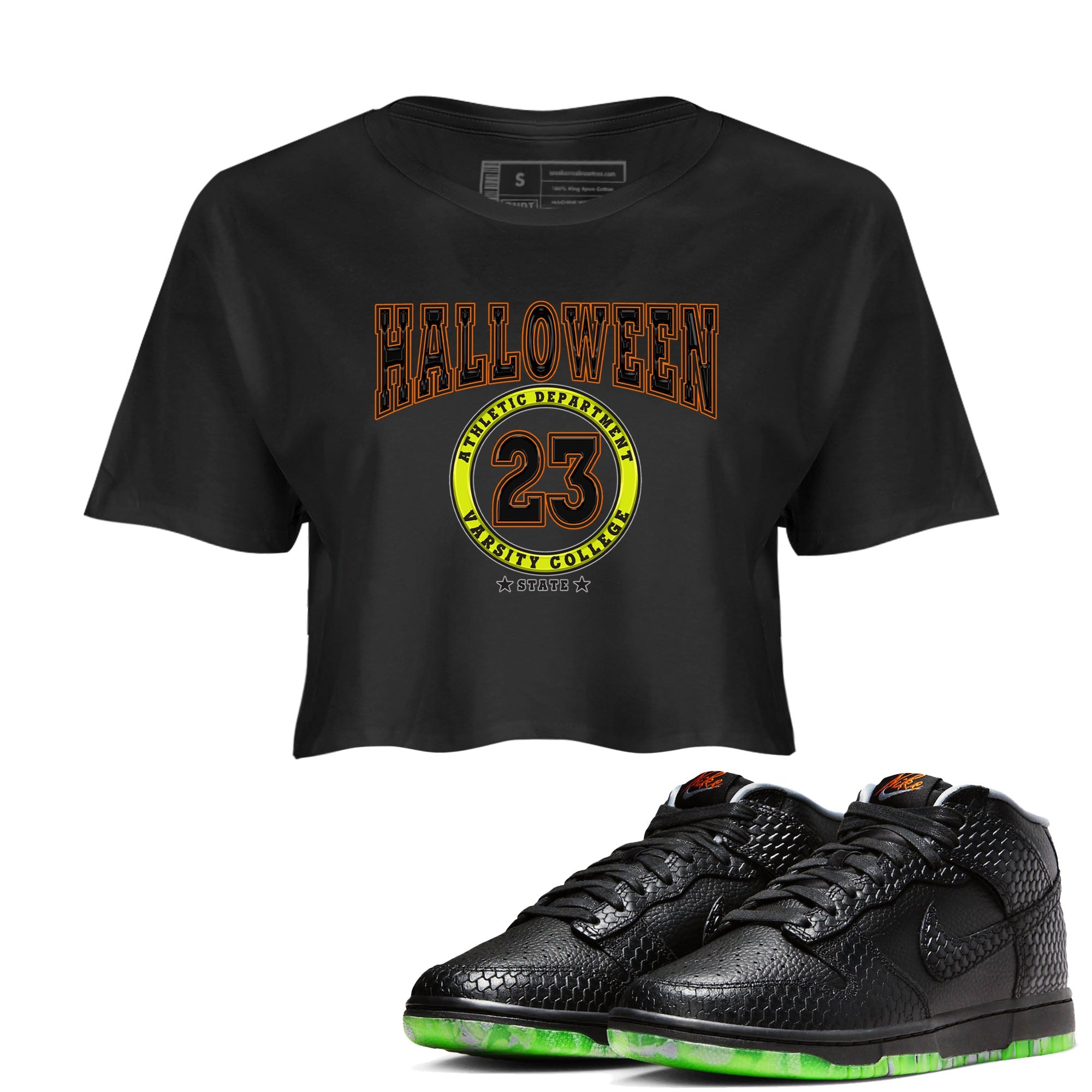 Nike Dunk Halloween shirt to match jordans Varsity sneaker tees Nike Dunk Mid Halloween Drip Gear Zone Sneaker Matching Clothing Brand Black 1 Crop T-Shirt