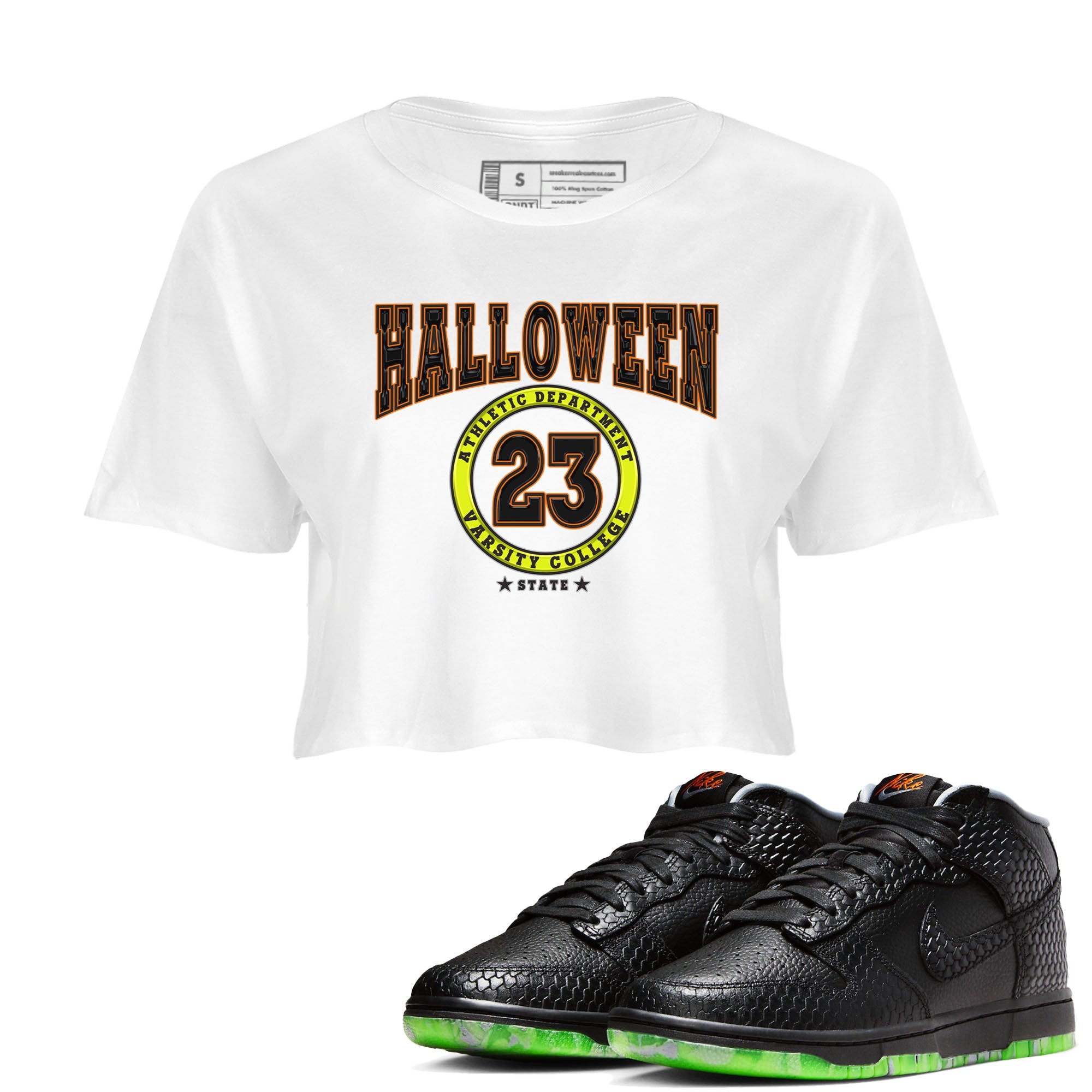 Nike Dunk Halloween shirt to match jordans Varsity sneaker tees Nike Dunk Mid Halloween Drip Gear Zone Sneaker Matching Clothing Brand White 1 Crop T-Shirt