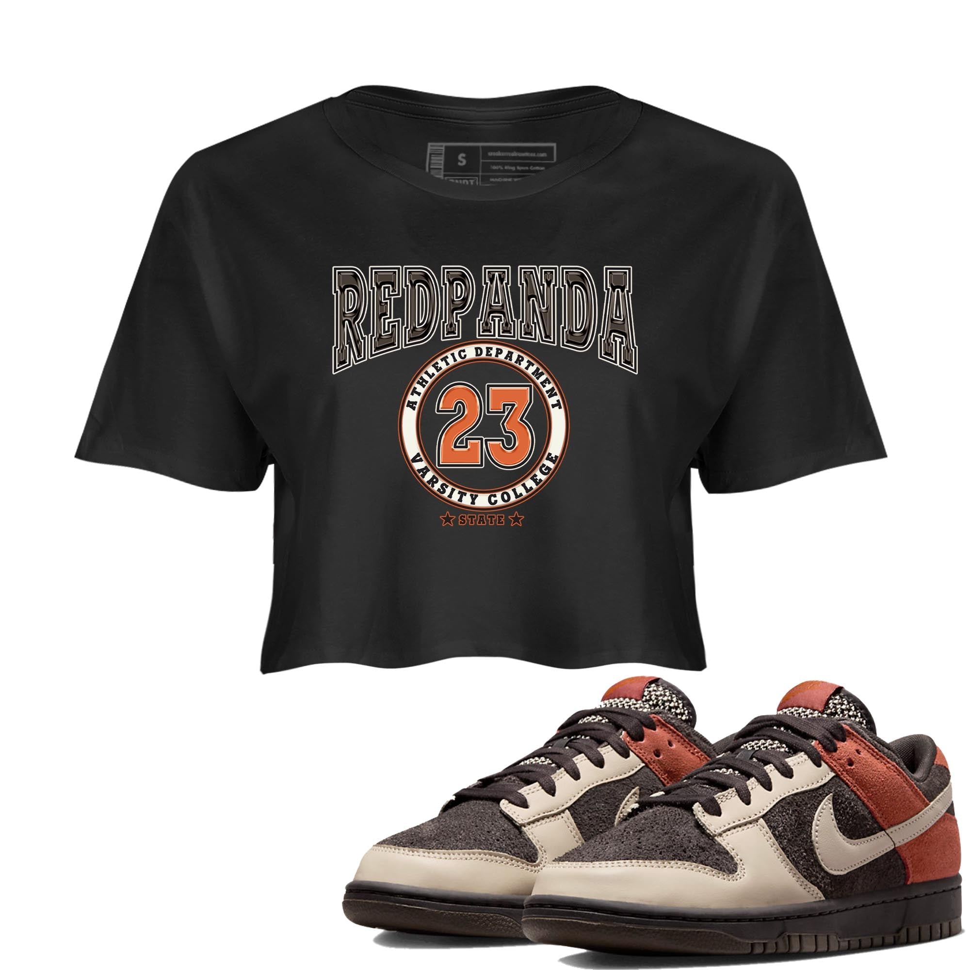 Nike Low Dunk Red Panda shirt to match jordans Varsity sneaker tees Nike Dunk Red Panda Drip Gear Zone Black 1 Crop T-Shirt