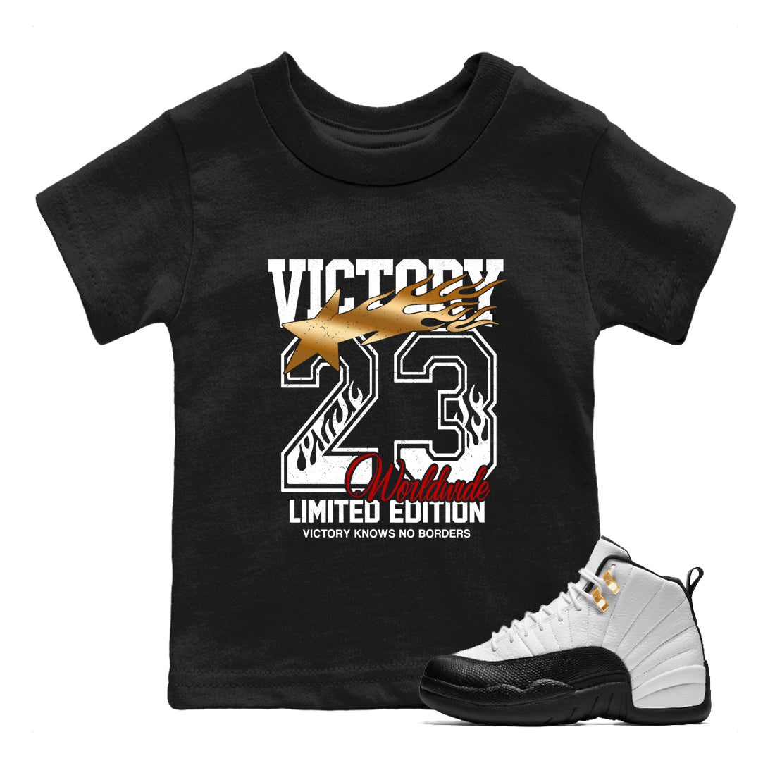 Sneaker match tees  Sneaker Tees To Match Air Jordan 12 Taxi Shoes  Victory Knows No Borders Kids T-Shirt Black 1