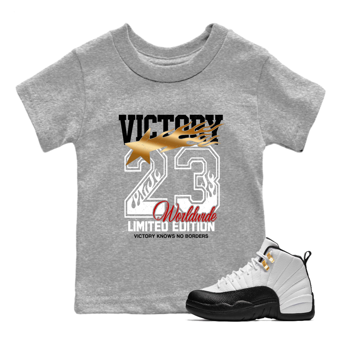 Sneaker match tees  Sneaker Tees To Match Air Jordan 12 Taxi Shoes  Victory Knows No Borders Kids T-Shirt Heather Grey 1